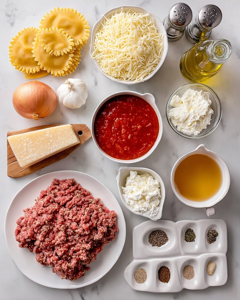 A flat lay shows all the lasagna ingredients placed on a wooden surface. At the top left, there are three pale yellow lasagna noodles with wavy edges. Below them, a small white bowl is filled with shredded mozzarella cheese. To the right, a whole light brown onion sits near two small beige salt and pepper shakers and a glass bottle of olive oil with a wooden top. At the center left, a small glass measuring cup contains a light yellow broth. Below it, a can is open, showing bright red diced tomatoes. Next to the tomatoes, another small white bowl holds creamy white ricotta cheese. In front of the ricotta, a white plate has different dried seasonings in small piles, including green, red, brown, and light yellow spices. Just above the center, a small white bowl contains dark balsamic vinegar. To its right, a white sauce cup holds red marinara sauce. Near the marinara sauce, a whole white garlic bulb rests. On the bottom right, a white plate holds a thick, soft mound of raw ground beef or Italian sausage colored pink and red with a soft texture. Above the plate, a piece of yellow parmesan cheese rests on a wooden grater. The setting has a clean, warm feel, all items arranged neatly and clearly visible. Photo taken with an iphone --ar 4:5 --v 7