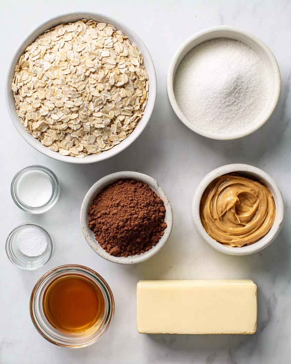 A top view of eight white bowls and clear glass containers arranged on a white marbled surface, each holding a different baking ingredient for a recipe. The largest bowl on the upper left holds light beige rolled oats with a rough texture. Next to it on the right is a white bowl filled with fine white sugar, smooth in texture. Above that and to the far right is a small white bowl with creamy light brown peanut butter swirled on top. Below the sugar bowl is a white bowl containing rich, dark brown cocoa powder with a soft, powdery texture. Below the oats and more to the center left are three smaller clear bowls: one with a small amount of white salt, one with light amber vanilla extract, and one with off-white milk. Finally, in the lower center right is a white bowl holding a thick block of yellow butter with a smooth surface. photo taken with an iphone --ar 4:5 --v 7