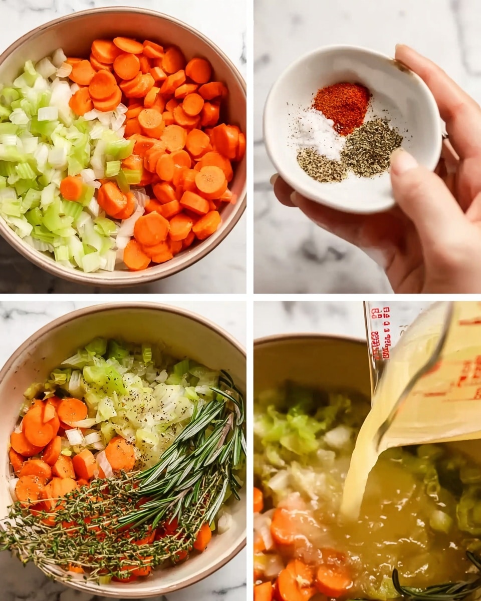 The image shows four parts of making a soup, with a white marbled surface background. The top left part has a bowl full of layers of sliced orange carrots, light green celery, and chopped white onions. The top right part shows a woman's hand holding a small white bowl with different spices: coarse salt, red powder, dried herbs, and black pepper. The bottom left part displays the vegetables mixed with the spices including sprigs of green rosemary on top. The bottom right part captures light yellow broth being poured from a clear measuring cup into the bowl with vegetables and spices. photo taken with an iphone --ar 4:5 --v 7
