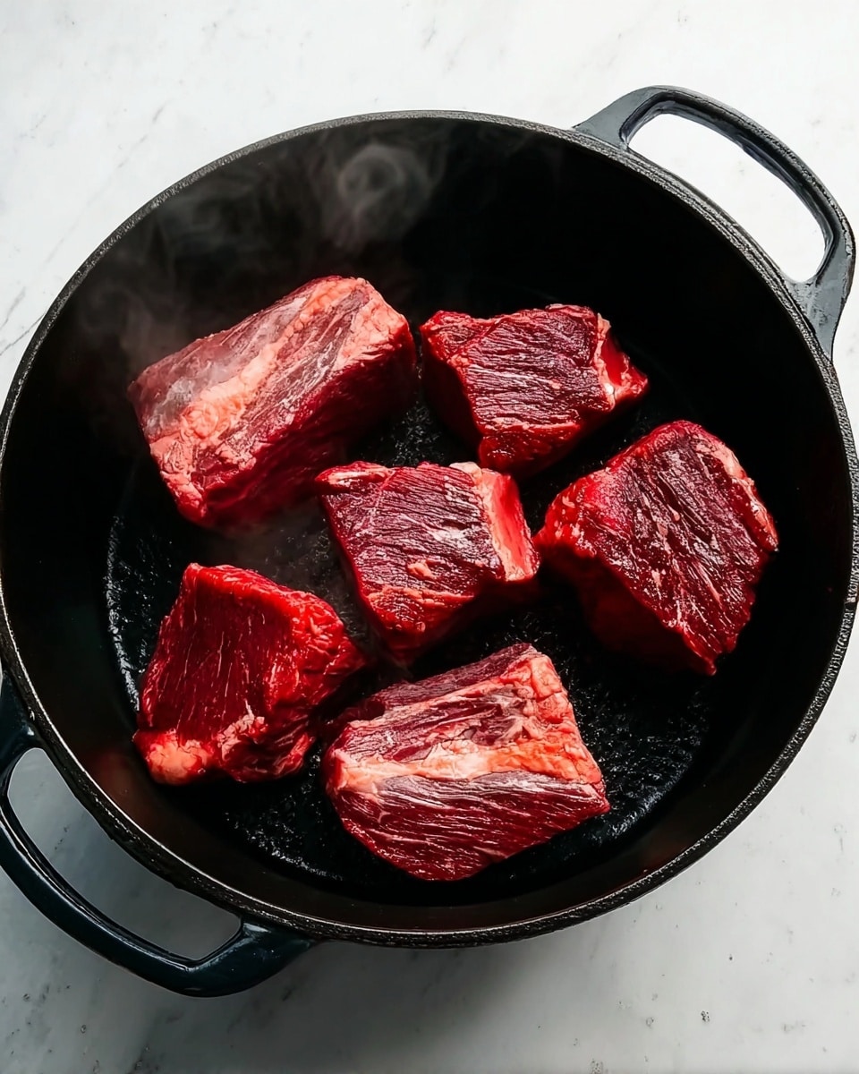 The image shows five pieces of raw beef with rich red color and some white fat marbling, placed inside a black cast iron pot. The pieces are arranged with some space between them and appear fresh and thick, with a slight sheen on the surface. Light steam rises from the meat, indicating heat. The pot has two handles and sits on a white marbled surface. photo taken with an iphone --ar 4:5 --v 7