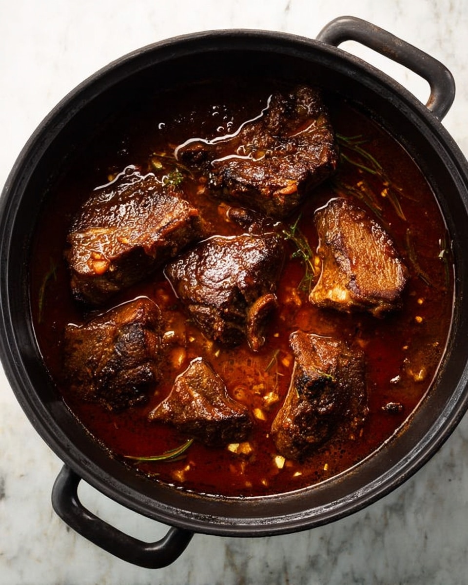 A large black pot contains five large pieces of cooked meat in a rich dark brown sauce, the meat looks browned and tender with a slightly charred texture on top; the sauce is thick and glossy, with small bits of vegetables or spices visible, filling about half of the pot from the bottom; the pot is set on a white marbled surface, viewed from above showing its two side handles. photo taken with an iphone --ar 4:5 --v 7