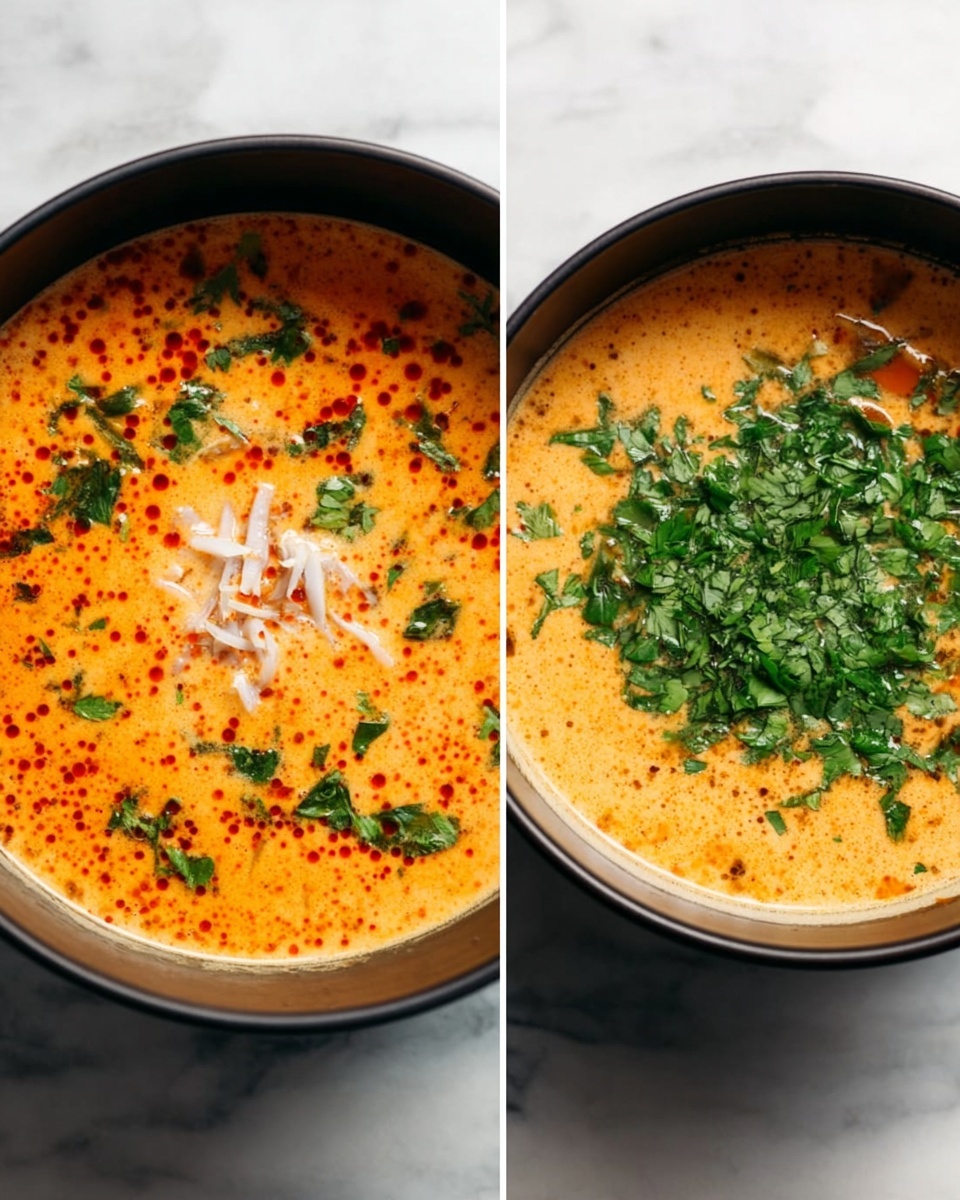 Two round black pots sit on a white marbled surface. The first pot holds a creamy orange soup with red specks sprinkled on top and white shredded pieces in the center. The second pot has a similar creamy orange soup but is topped with a layer of fresh green chopped herbs covering most of the surface. Both pots show a smooth and slightly thick texture of the soup inside. Photo taken with an iphone --ar 4:5 --v 7