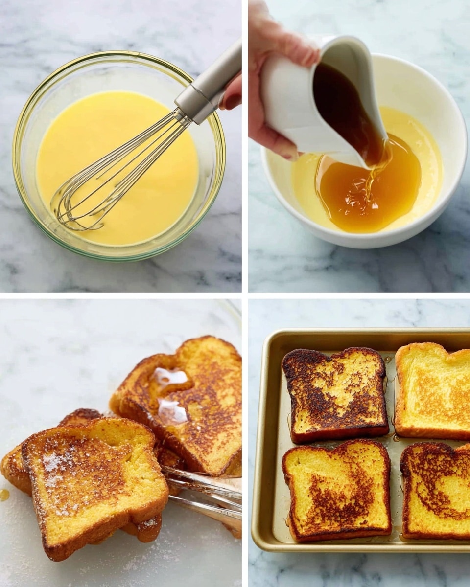 The image shows four steps of making French toast. The first step is a clear glass bowl on a white marbled surface containing a yellow egg mixture with a silver whisk inside, with a white container pouring liquid into it. The second step shows a white mixing bowl with a yellow batter and a silver whisk inside; a woman's hand is pouring dark brown syrup into the bowl. The third step shows two golden brown slices of toast on a baking tray. The last step shows five slices of darker toasted bread on the baking tray; a woman's hand holds a silver torch, browning the top of one slice. Photo taken with an iphone --ar 4:5 --v 7