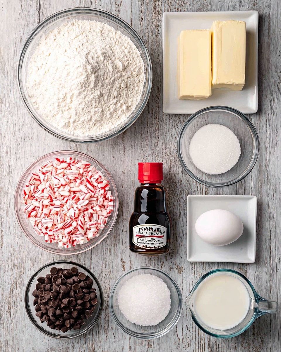 The image shows seven baking ingredients arranged neatly on a white marbled textured surface. There is one large clear glass bowl on the top left filled with white flour with a powdery and soft texture. Next to it on the right is a small white rectangular plate holding two sticks of pale yellow butter, one larger and one smaller stacked together. Below the flour is a bottle of vanilla extract with a red cap and dark brown liquid inside. Centered below the flour and butter bowls is another clear glass bowl filled with crushed candy canes, showing a bright mix of white and red small pieces with a rough texture. To the right of the candy canes is a small white bowl containing dark brown chocolate chips, shiny and smooth. Below the candy canes is a medium clear glass bowl filled with white granulated sugar, soft and fine in texture. To the right of the sugar bowl is a small white square dish holding one white egg with a smooth shell. Lastly, in the bottom right corner is a small clear measuring cup of white milk. Photo taken with an iphone --ar 4:5 --v 7