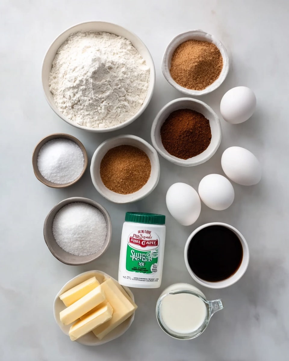 A flat lay of baking ingredients arranged neatly on a white marbled surface, with a large white bowl of white powdered flour at the top left, and to its right a smaller white bowl containing three different brown spices layered side by side, light brown, medium brown, and dark brown. Below the flour are three small bowls in a row: a white bowl with white granulated sugar on the left, a grayish bowl with white baking soda in the center, and a white bowl with light brown sugar to the right. To the right of the baking soda is a white sour cream container with green labeling. Below the row is a white cup filled with dark brown liquid near two white eggs on the right side. Two pieces of yellow butter sticks are at the bottom left. Next to the butter is a small white bowl of dark brown vanilla extract on the far left and a small measuring glass with white milk to the right. The image is well-lit with soft shadows. Photo taken with an iphone --ar 4:5 --v 7