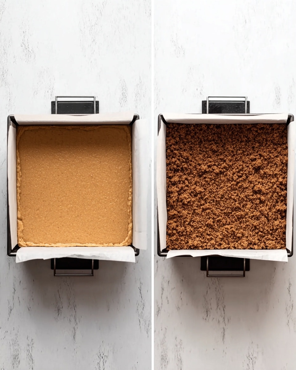 The image shows two square baking pans on a white marbled surface. The left pan contains a smooth, thick, light brown dough spread evenly across the bottom layer. The right pan holds a crumbly top layer of darker brown crumbs spread evenly over the base layer beneath. Both pans have white parchment paper lining and are held by black clips on each side. photo taken with an iphone --ar 4:5 --v 7