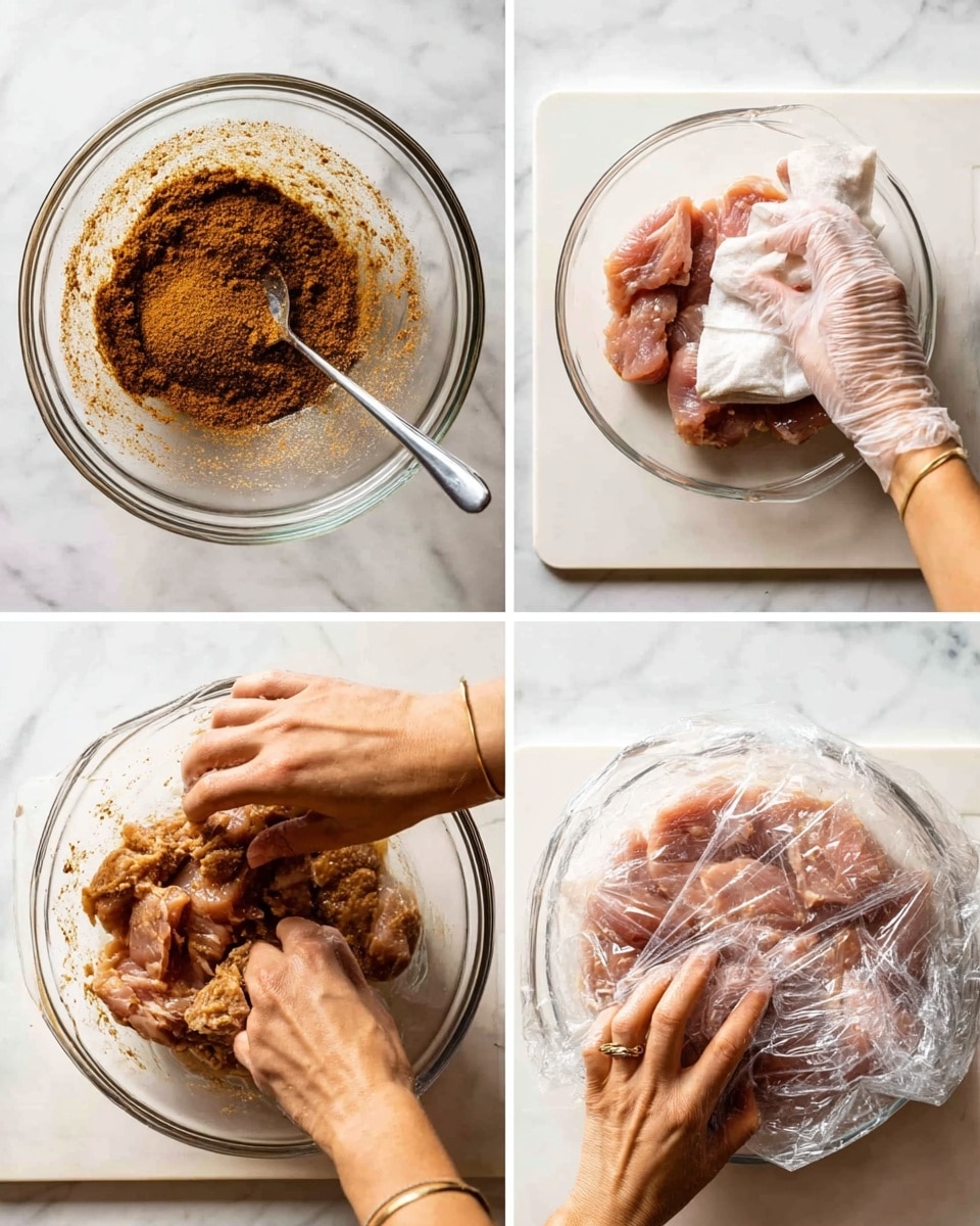 The image is divided into four parts showing the process of making a marinated dish. The top left part shows a clear glass bowl with a brown spice mixture being stirred with a spoon held by a woman's hand. The top right part shows a woman's hand with a glove holding a white cloth and patting raw pinkish meat pieces on a white cutting board. The bottom left part shows a woman's gloved hand mixing the raw meat with the brown spices in the clear glass bowl. The bottom right part shows both hands covering the bowl of marinated meat with clear plastic wrap. The background in all parts is a white marbled surface. Photo taken with an iphone --ar 4:5 --v 7
