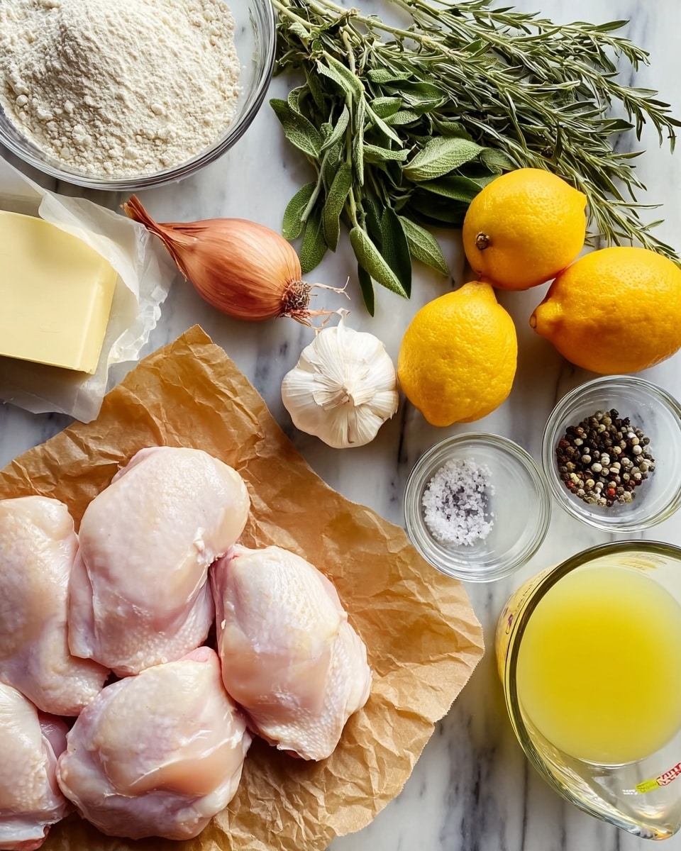 The image shows fresh raw chicken pieces neatly placed on brown parchment paper at the bottom right corner. Above the chicken, there is a group of fresh herbs with dark green thin leaves, and to the left, small piles of flour in a clear glass bowl and a light yellow block of butter wrapped in paper. Towards the top center, there is a whole head of garlic with a few garlic cloves separated showing white and purple skin, and beside it, a fresh shallot with reddish-brown smooth skin. Near the top right corner, there are two whole bright yellow lemons, one whole and one cut in half showing the juicy inside. Next to the lemons, two small clear glass bowls hold salt crystals and mixed black peppercorns. On the right side, there is a glass measuring cup filled with light yellow broth or juice. All ingredients are laid out on a white marbled surface. Photo taken with an iphone --ar 4:5 --v 7