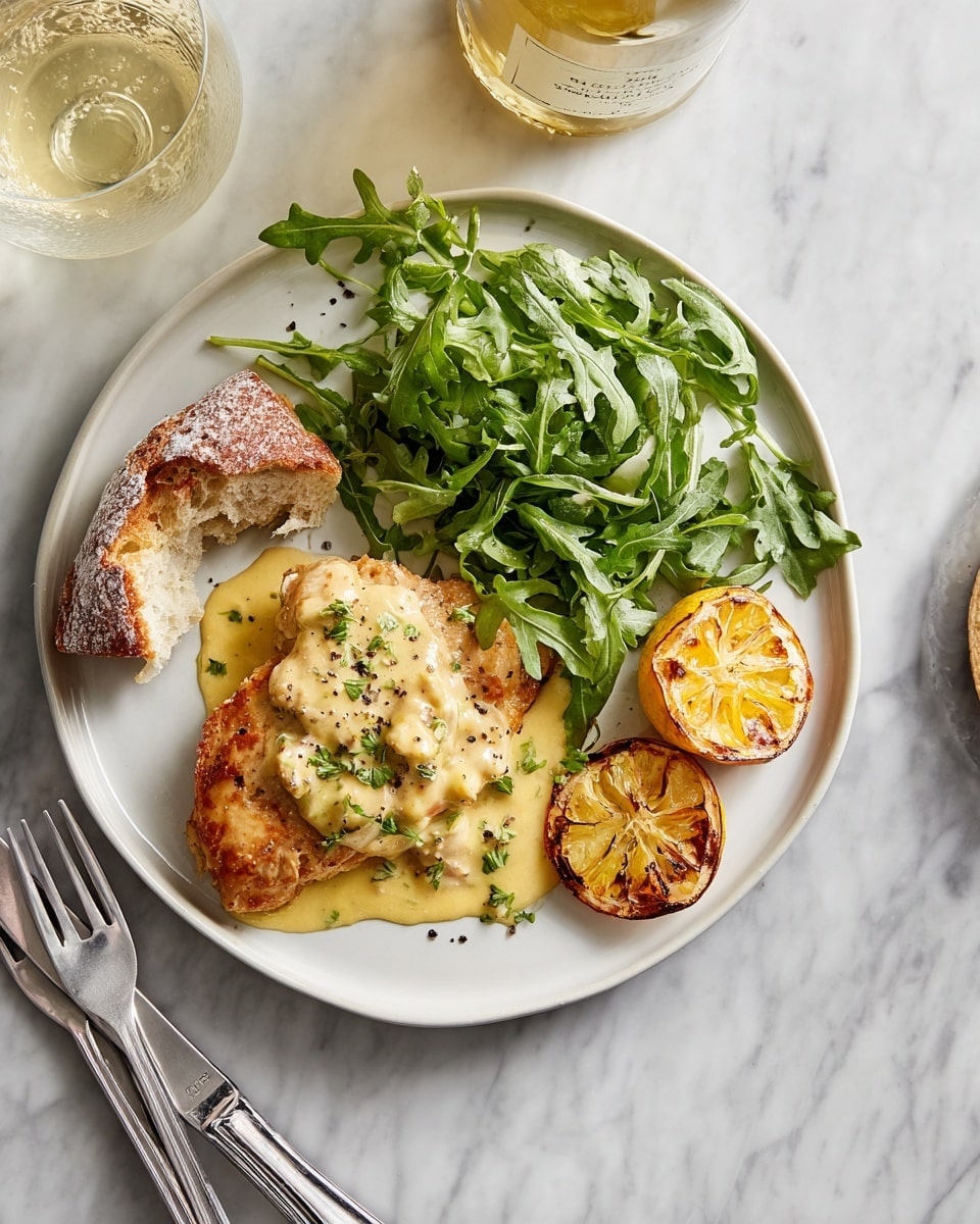 The image shows a white plate with three main parts: a piece of cooked chicken covered in yellowish creamy sauce with herbs, topped with two small browned lemon slices on the right side; fresh green arugula leaves with some black pepper sprinkled in the top left; and a chunk of crusty brown bread with a torn piece next to it, placed at the bottom left. The plate sits on a white marbled surface with a silver fork and knife crossed near the bottom left corner. A glass with a light golden drink and a bottle with a cream label are partially visible in the top left corner. Photo taken with an iphone --ar 4:5 --v 7