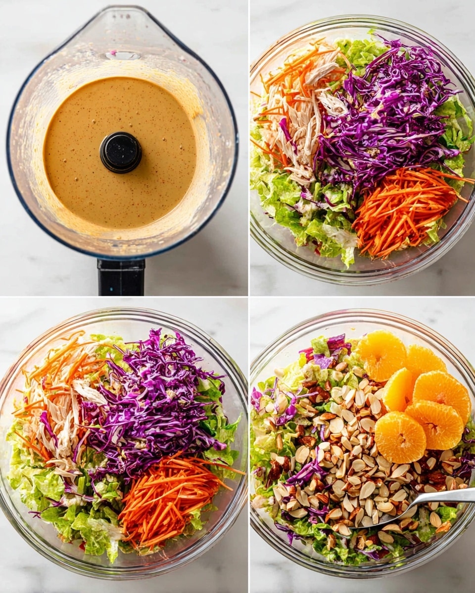 The image shows four steps of making a colorful salad. The first layer is a light brown creamy sauce inside a clear blender. The second layer is a large clear bowl filled with thin slices of purple cabbage, green lettuce, shredded white chicken, and some orange carrot strips, all mixed together. The third layer shows a closer look at the same clear bowl with more of the leafy greens and colorful vegetables being stirred with a large spoon. The fourth layer adds whole orange slices and chopped almonds on top of the mixed salad in the clear bowl, ready to be mixed again. All the items are placed on a white marbled surface. photo taken with an iphone --ar 4:5 --v 7