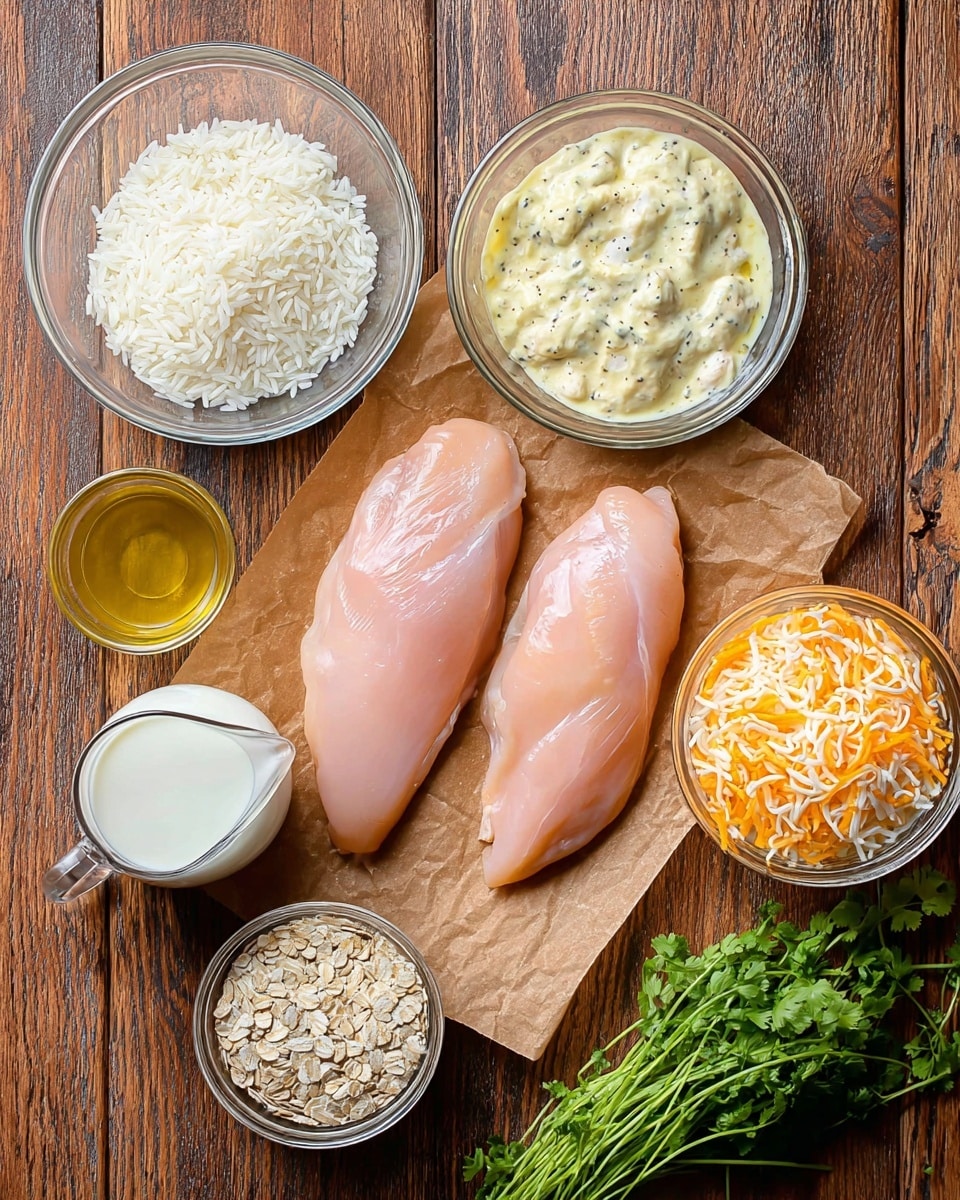 Three raw pale pink chicken fillets are placed on a piece of brown parchment paper in the center on a wooden surface. Around them are six bowls and containers – to the top left is a clear bowl filled with uncooked white rice, to the top right there is a clear bowl with a creamy pale yellow mixture speckled with black, next to it is a clear bowl filled with shredded orange and white cheese. At the bottom left corner, a small glass pitcher holds white milk, nearby a smaller bowl contains a pale oatmeal mix with visible flakes. A clear glass container holds a golden-yellow liquid with some pulp. To the right side near the chicken, a bunch of fresh green herbs lies on the wooden surface. The photo taken with an iphone --ar 4:5 --v 7