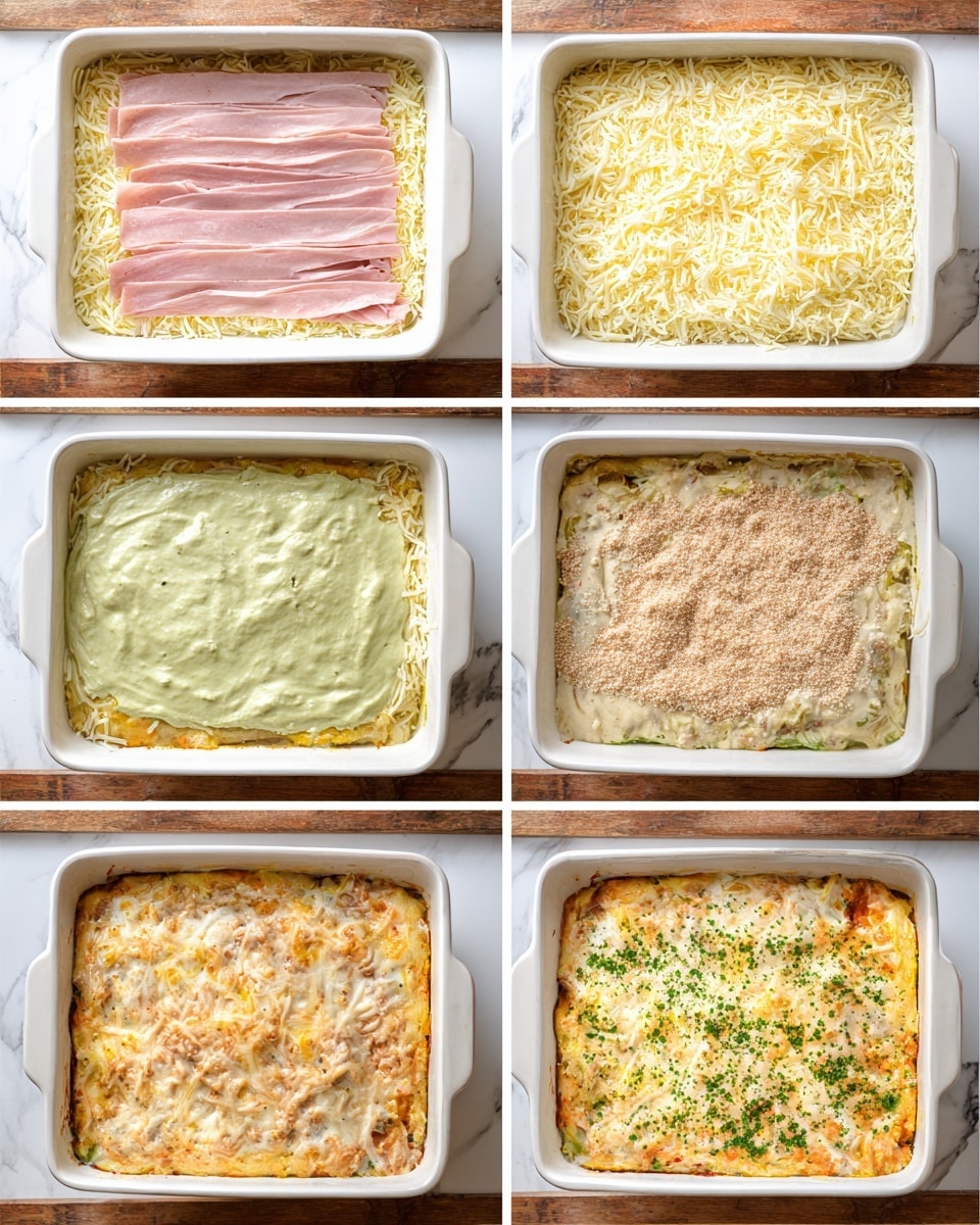 The image shows a six-step process of making a baked casserole in a white rectangular baking dish placed on a white marbled surface with a wooden texture underneath. In the first step, raw pink thin meat slices cover a base of mixed shredded yellow and white cheese. The second step adds a thick, pale green creamy layer spread evenly over the meat. The third step shows a pale yellow liquid with sprinkled light brown crumbs spread on top, creating an even layer. The fourth image reveals the dish baked with a golden brown top and a slightly textured surface. The fifth step shows melted shredded white and orange cheese evenly melted on top of the golden brown layer. The final step adds a sprinkle of green herbs over the melted cheese, giving a fresh and colorful finish. Photo taken with an iphone --ar 4:5 --v 7