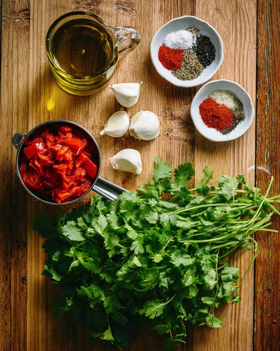 A wooden board holds several fresh ingredients arranged neatly: a bunch of bright green cilantro with leafy stems spreads across the lower half, four white garlic cloves sit near the center, and a small white bowl at the top right contains four piles of spices — black pepper, crushed red flakes, coarse white salt, and bright red paprika — each forming separate quadrant-like sections. To the left, a clear glass measuring cup filled with olive oil and a small glass jar with a dark red liquid sit near the top edge. At the bottom left, a metal measuring cup is filled with chopped red roasted peppers. The surface is a warm wooden texture with natural grain lines. photo taken with an iphone --ar 4:5 --v 7