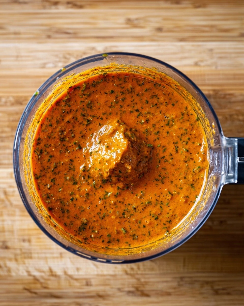 A clear blender container filled with a thick, orange-red sauce mixed with many small green herb pieces, creating a speckled texture throughout. The sauce has a smooth, slightly chunky appearance with a small mound in the center showing a bit of shine, indicating it is freshly blended. The blender container is placed on a wooden surface, but the background has been changed to a white marbled texture. photo taken with an iphone --ar 4:5 --v 7