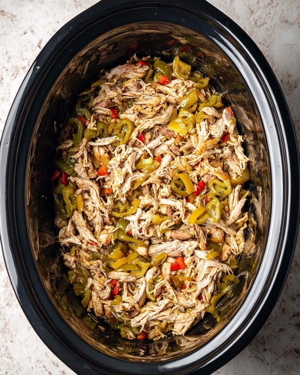 The image shows a slow cooker filled with shredded chicken mixed with a variety of sliced green and yellow peppers and small bits of red peppers, giving a colorful mix of light brown, green, yellow, and red tones. The chicken is tender and stringy, evenly spread throughout the cooker, surrounded by the glossy texture of cooked vegetables and juices. The slow cooker is black with a smooth, shiny inner surface. The setting is on a white marbled texture. Photo taken with an iphone --ar 4:5 --v 7