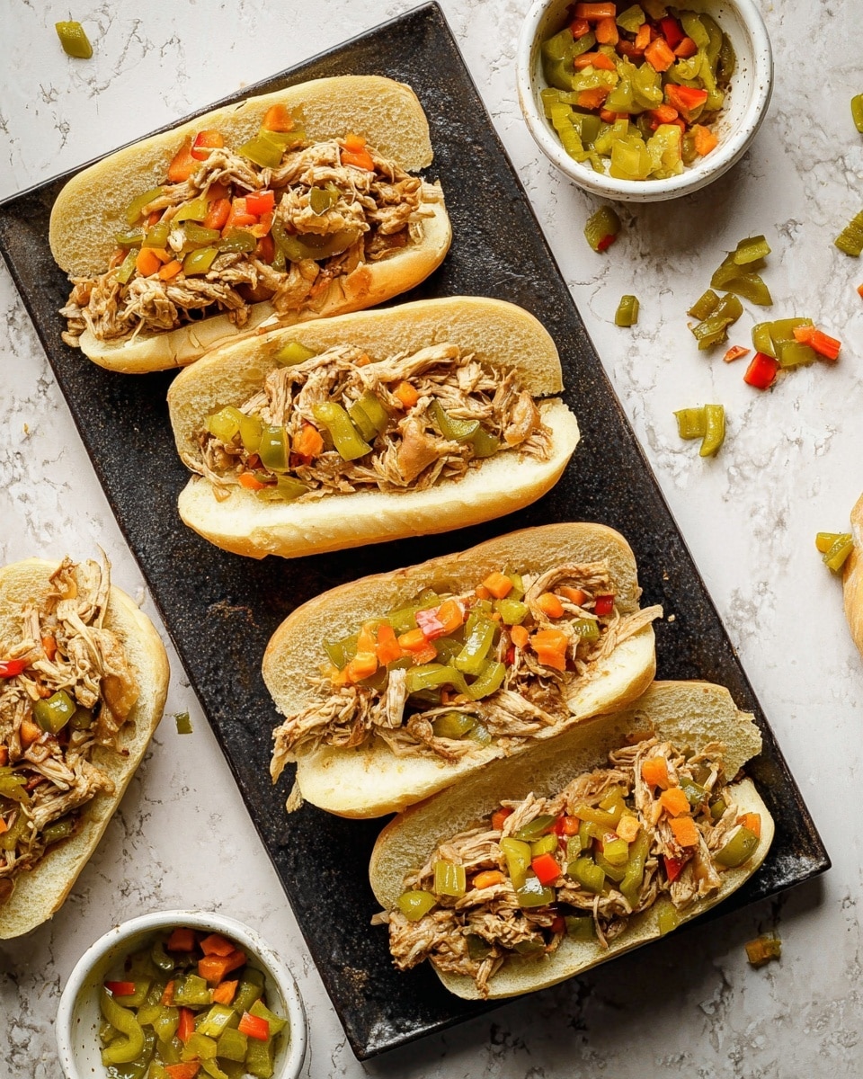 There are four open sandwiches on a dark rectangular tray, each with two layers: the base layer is soft, light yellowish bread, and the top layer is shredded cooked meat mixed with sliced green peppers and small pieces of orange carrots and red peppers. Two small white bowls on the side hold extra sliced green peppers and a mix of chopped vegetables including carrots and green peppers. The scene is set on a white marbled surface with some scattered pieces of vegetables around. photo taken with an iphone --ar 4:5 --v 7
