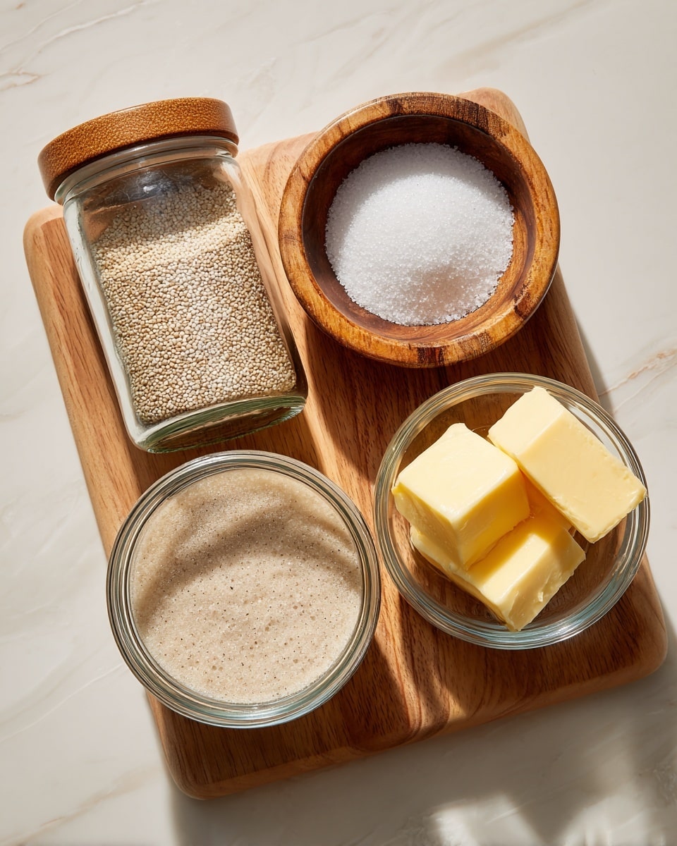 The image shows three small containers and a jar on a light wooden surface. On the left, there is a clear glass jar with a wooden lid labeled
