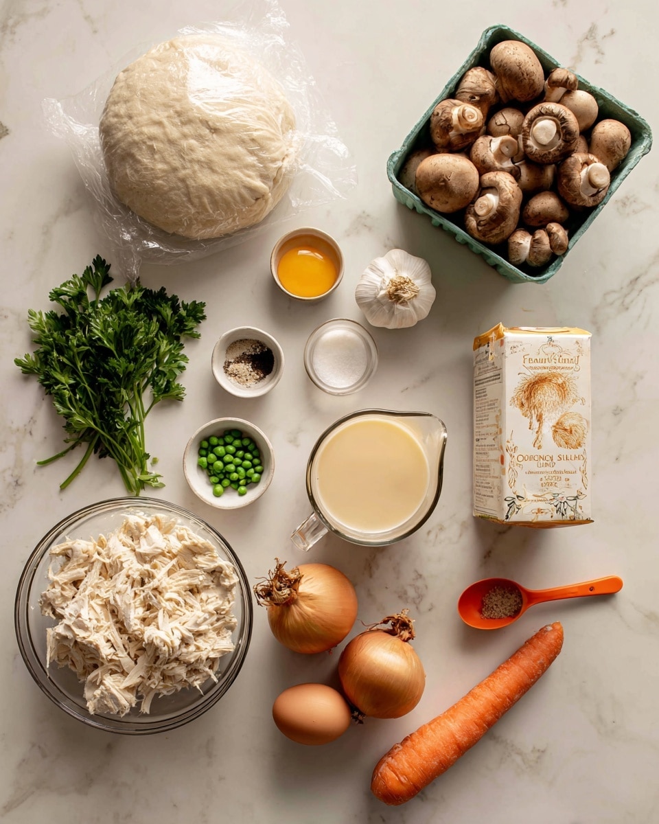 The image shows various cooking ingredients arranged neatly on a white marbled surface. There is a ball of dough wrapped lightly in plastic wrap in the upper left corner. Next to it is a green container filled with whole brown mushrooms. Nearby, a carton of organic chicken stock with orange and white colors is placed upright. A measuring cup containing a creamy liquid is above a bunch of fresh green parsley. In the lower left corner, a glass bowl holds shredded chicken. To its right, an onion is placed next to two whole carrots and three garlic cloves. Small bowls contain salt, pepper, and fresh green peas. An orange and white measuring spoon and a small carton of eggs complete the arrangement. photo taken with an iphone --ar 4:5 --v 7