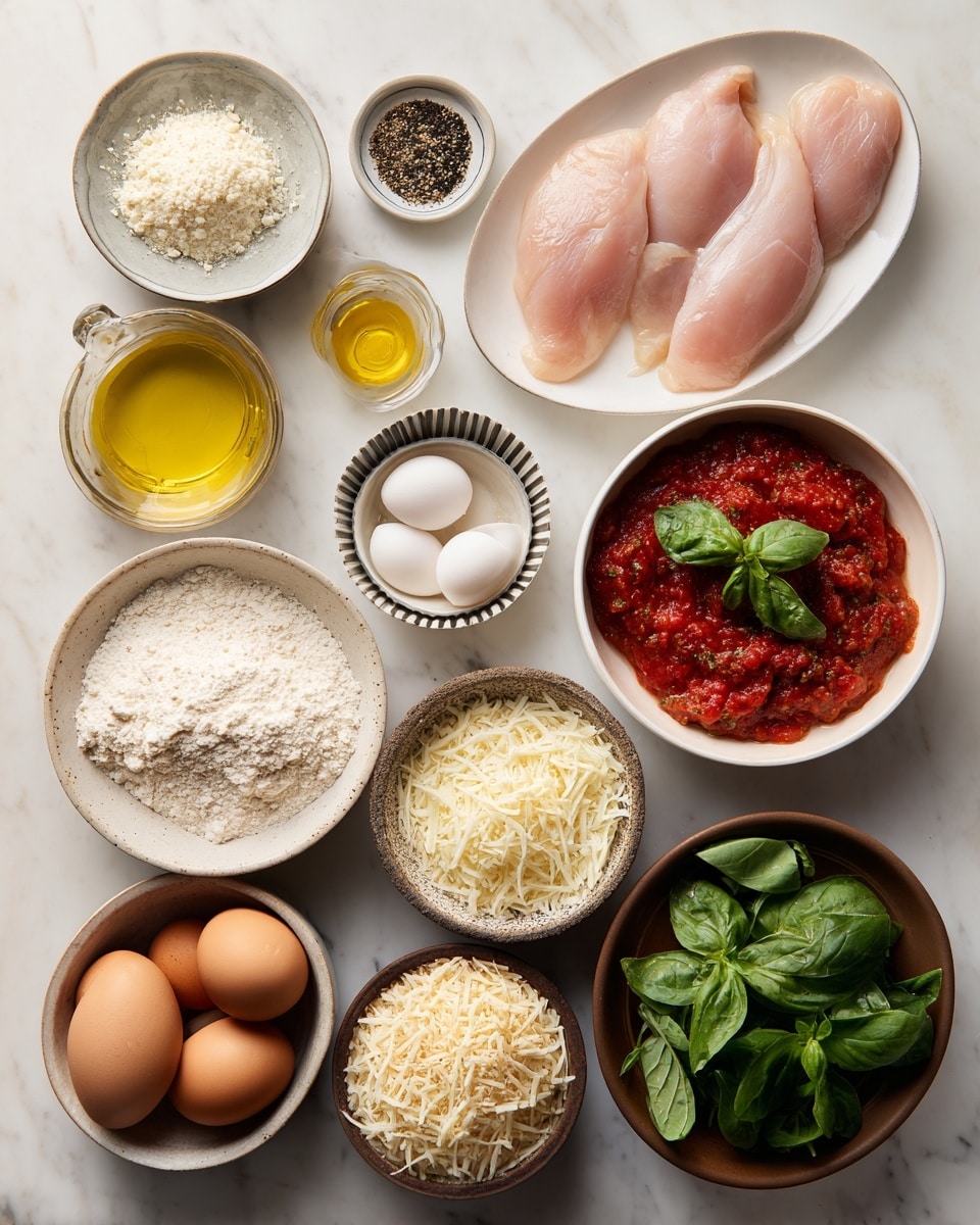 The image shows 12 bowls and plates arranged on a white marbled surface, each holding different ingredients. From left to right, top to bottom, there is a white plate with five raw pink chicken fillets, a dark bowl filled with white grated cheese, a small white bowl of black and white ground pepper, a small striped bowl with white salt, a small brown bowl with mixed seasoning, a dark bowl filled with white flour, a small glass bowl with yellow olive oil, a dark bowl with light brown breadcrumbs, a white bowl with two brown eggs, a brown bowl with fresh green basil leaves, a brown bowl filled with shredded white cheese, a dark bowl with chunks of white cheese, and a white pan full of red tomato sauce with a few green basil leaves on top. photo taken with an iphone --ar 4:5 --v 7