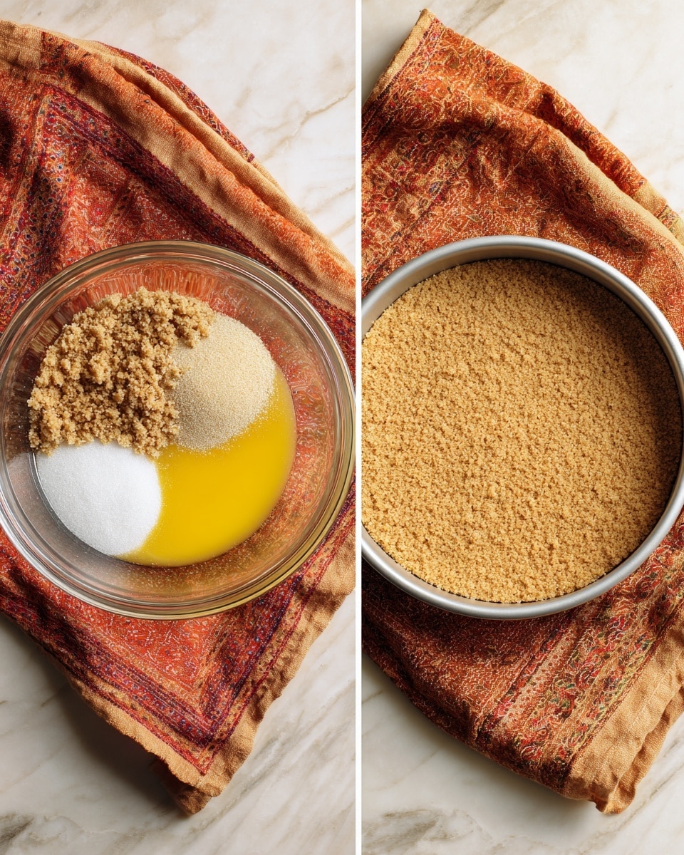 The image has two side-by-side photos. On the left, there is a clear glass bowl on a white marbled surface with an orange cloth and a brown cloth underneath. Inside the bowl, three ingredients are visible in separate sections: light brown crumbs, white granulated sugar, and melted yellow butter, not yet mixed. On the right, a round silver baking pan sits on the same white marbled surface with the same orange and brown cloths underneath, filled with a pressed layer of the light brown crumb mixture, creating a smooth and even base layer. Photo taken with an iphone --ar 4:5 --v 7