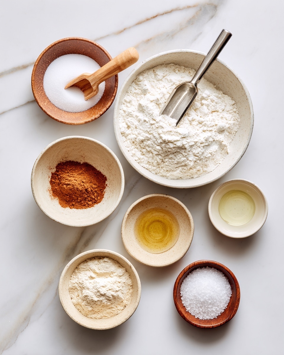 The image shows seven small bowls with different ingredients arranged on a white marbled surface. In the center there is a large bowl filled with white flour and a metal scoop inside. To the top left is a white bowl with white sugar and a wooden spoon resting inside. Next to it on the right is a small bowl with brown cinnamon powder. At the top right is a small bowl with clear light-colored oil, and below it is an empty white bowl labeled water. At the bottom left is a small beige bowl with white baking powder, and to the bottom right is a small wooden bowl with white salt. photo taken with an iphone --ar 4:5 --v 7