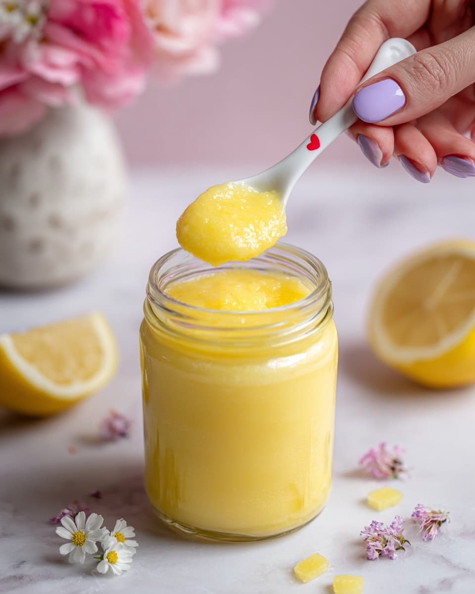 A clear glass jar filled with a thick, smooth, bright yellow mixture. A white spoon with a small red heart on it is scooping some of the yellow mixture from the jar, held by a woman's hand with shiny lavender nail polish. The jar is placed on a white marbled surface with scattered small pieces of lemon and tiny white flowers around it. A white speckled container and a pink flower are blurred in the background. photo taken with an iphone --ar 4:5 --v 7