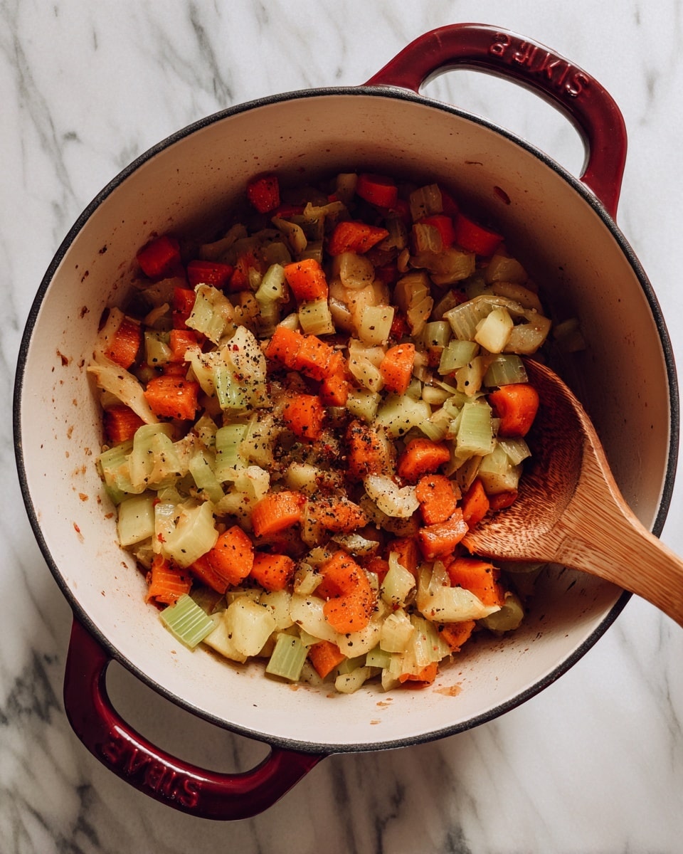 A white pot with two dark red handles holds a mix of cooked vegetables, primarily chopped carrots in bright orange, and celery in light green, combined with small pieces of onions in pale yellow. The vegetables are soft with some black pepper flakes sprinkled on top. A wooden spoon with a smooth light brown handle is resting inside the pot on the right side. The pot is placed on a white marbled surface. photo taken with an iphone --ar 4:5 --v 7