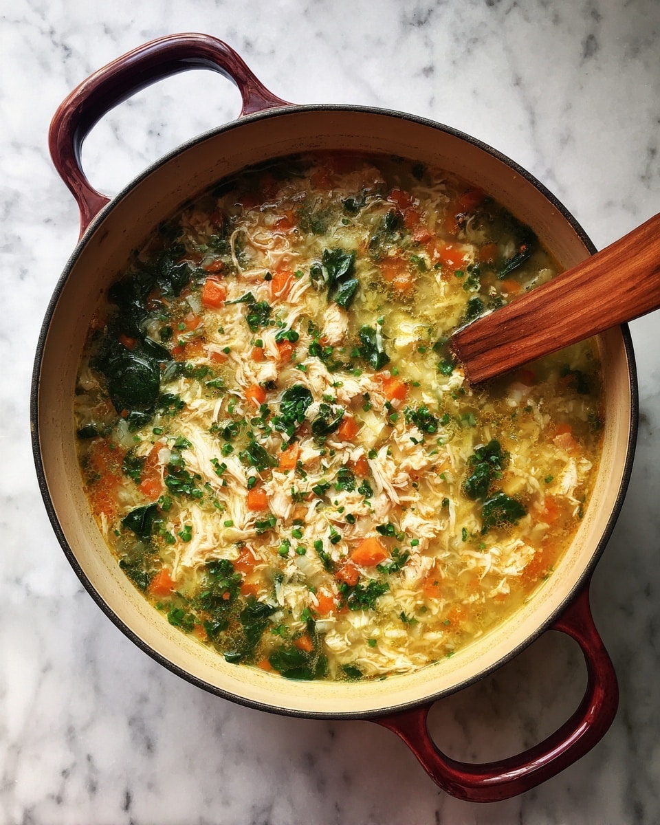 A large round pot with dark red handles is filled with a chunky soup that has at least three layers: the bottom layer is a light yellow broth, the middle layer has small pieces of orange carrot and chopped green spinach leaves, and the top layer has shredded white meat pieces mixed evenly throughout. A wooden spoon with a long handle rests inside the pot on the right side, partially submerged in the soup. The pot sits on a white marbled surface. photo taken with an iphone --ar 4:5 --v 7