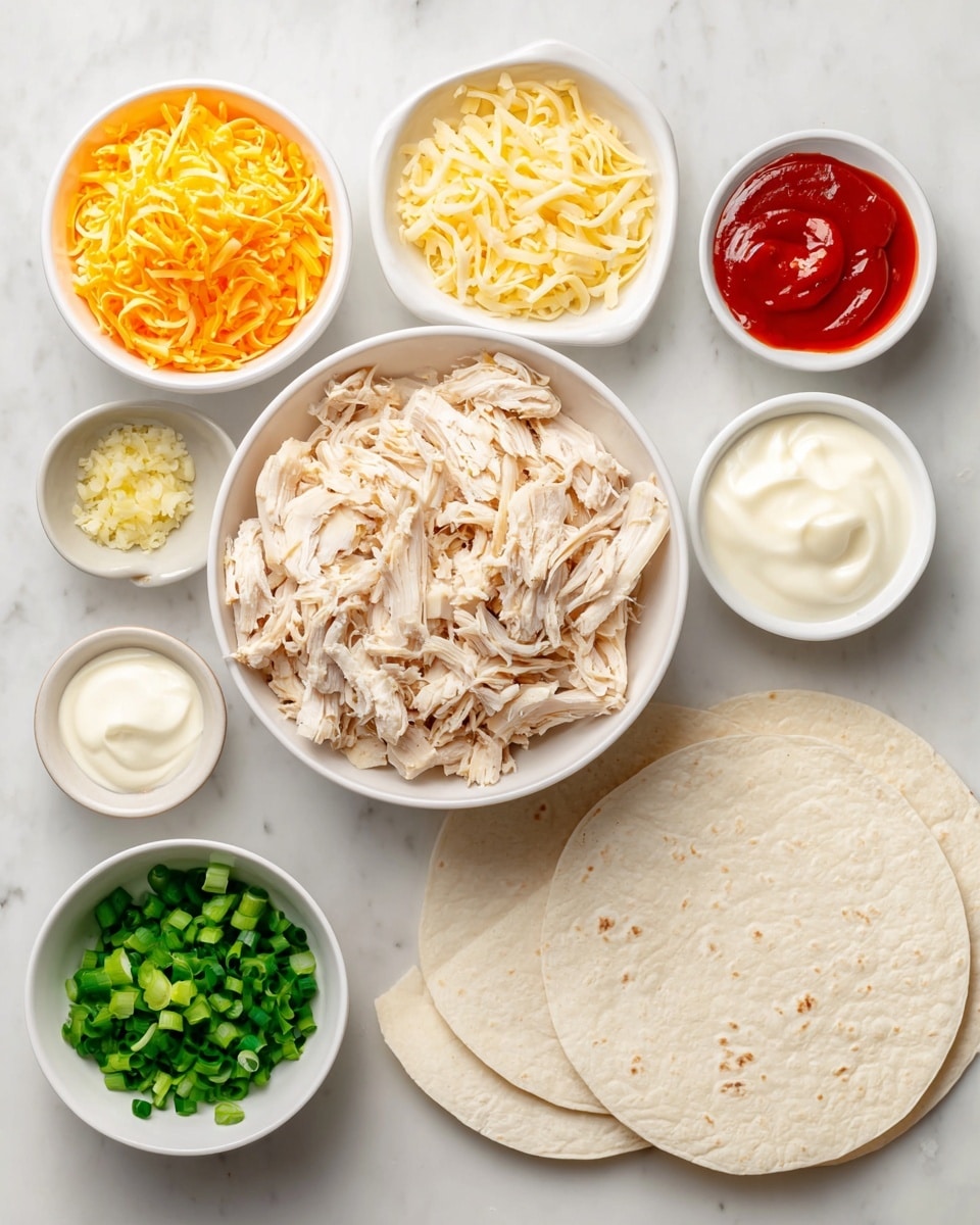 The image shows a collection of cooking ingredients arranged neatly on a white marbled surface. At the center is a bowl filled with shredded cooked chicken in pale beige tones, surrounded by smaller white bowls holding different items: shredded red cheddar cheese with a bright orange color, shredded regular cheddar cheese in a light yellow shade, chopped green onion with vibrant green rings, light yogurt appearing creamy white, light mayonnaise also creamy white, minced garlic in a pale yellow texture, and a small amount of hot sauce in a bright red liquid. To the right of these bowls, there are three large white tortilla wraps stacked slightly overlapping, lying flat. The overall setting is clean, bright, and organized, with each ingredient clearly visible. Photo taken with an iphone --ar 4:5 --v 7