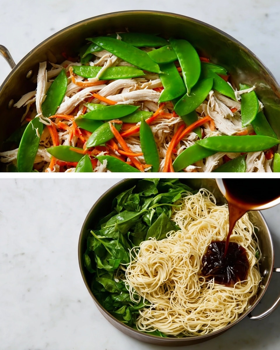 A metal pan sits on a white marbled surface, filled with sliced white chicken strips spread evenly as the base layer. On top, there are thin orange carrot strips scattered among the chicken. Bright green snow pea pods rest on the top layer, adding a fresh and vibrant look. In the second image, the same metal pan contains three layers: a base of light cream-colored cooked noodles forming a nest shape, fresh green spinach leaves gathered on one side, and a dark brown soy sauce being poured over the noodles. The overall scene is bright with natural light highlighting the fresh ingredients. photo taken with an iphone --ar 4:5 --v 7