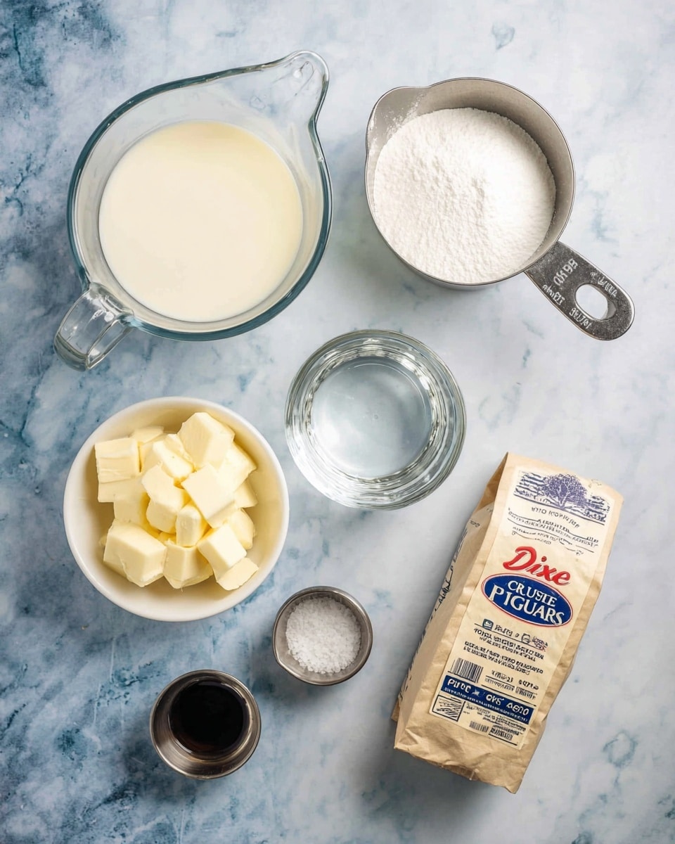 The image shows several baking ingredients on a white marbled surface. There is a clear glass measuring cup filled with a creamy white liquid positioned at the top left. To its right is a metal measuring cup holding white granulated sugar. Below the creamy liquid, a smaller clear glass measuring cup contains water. On the lower left side, a white bowl holds small cubes of pale yellow butter. Near the bottom center, there is a small metal bowl filled with salt, and just next to it, a small metal cup with a dark liquid. A beige paper bag labeled