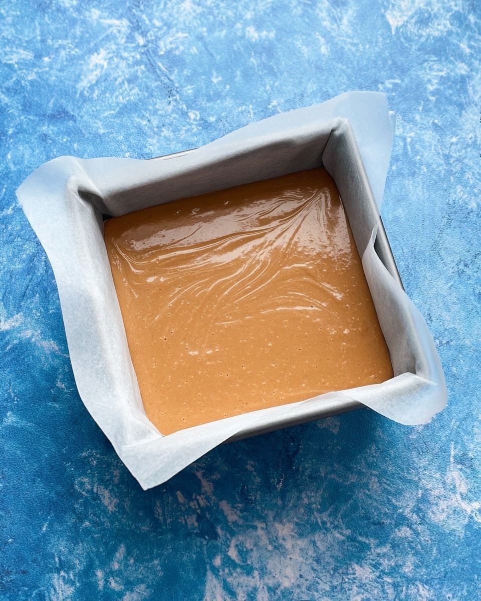 A square metal baking pan lined with white parchment paper holds a single smooth layer of light brown batter with a slightly glossy surface and tiny bubbles, showing a swirled texture on top. The pan sits on a blue textured surface replaced with a white marbled texture. photo taken with an iphone --ar 4:5 --v 7