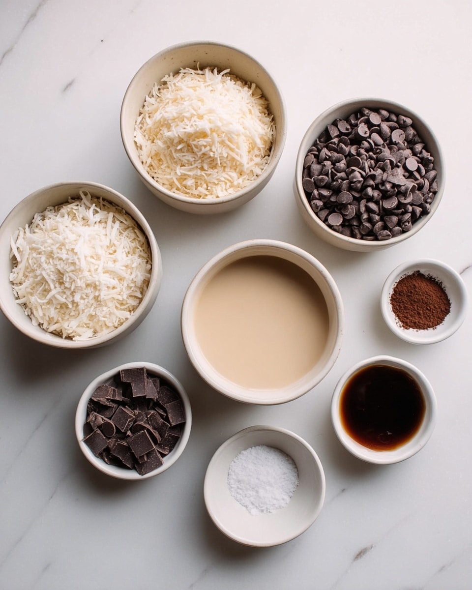 Seven white bowls are arranged on a white marbled surface, each holding different ingredients. The top left bowl contains light beige shredded coconut with a fluffy texture. To the right is a bowl filled with dark brown chocolate chips, each with a small round shape. Below the chocolate chips, in the center, is a bowl with a smooth, creamy beige liquid. To the far right, a small bowl holds a dark brown liquid, likely vanilla extract. In the bottom left corner, another bowl is filled with dark brown chocolate chips similar to the other. The bottom middle bowl contains a small amount of white granulated salt, and the bottom right bowl has a small pile of dark brown cocoa powder. The clean white bowls and soft natural light give a fresh and neat look. photo taken with an iphone --ar 4:5 --v 7