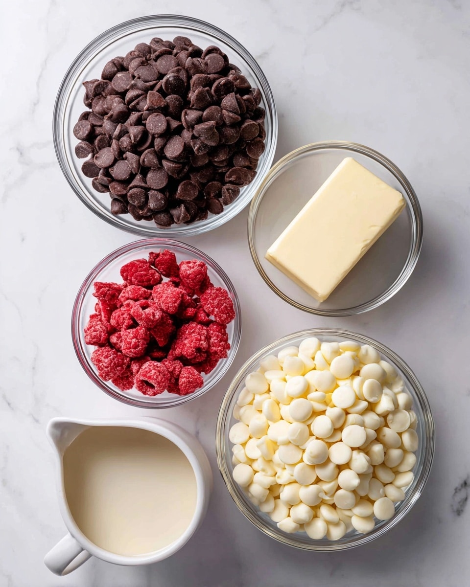 The image shows four clear glass bowls and one small white pitcher on a white marbled surface. The top bowl is filled with dark brown chocolate chips with a smooth and round texture. To the right of it, there is a smaller bowl holding a pale yellow block of butter with a soft texture. Below these, there is a medium bowl full of bright red freeze dried raspberries, which look rough and crumbly. Next to this bowl on the left, the white pitcher holds light beige heavy cream with a smooth liquid texture. At the bottom, a large bowl contains many creamy white chocolate chips that are shiny and round. Each item is neatly placed, creating a balanced layout. Photo taken with an iphone --ar 4:5 --v 7