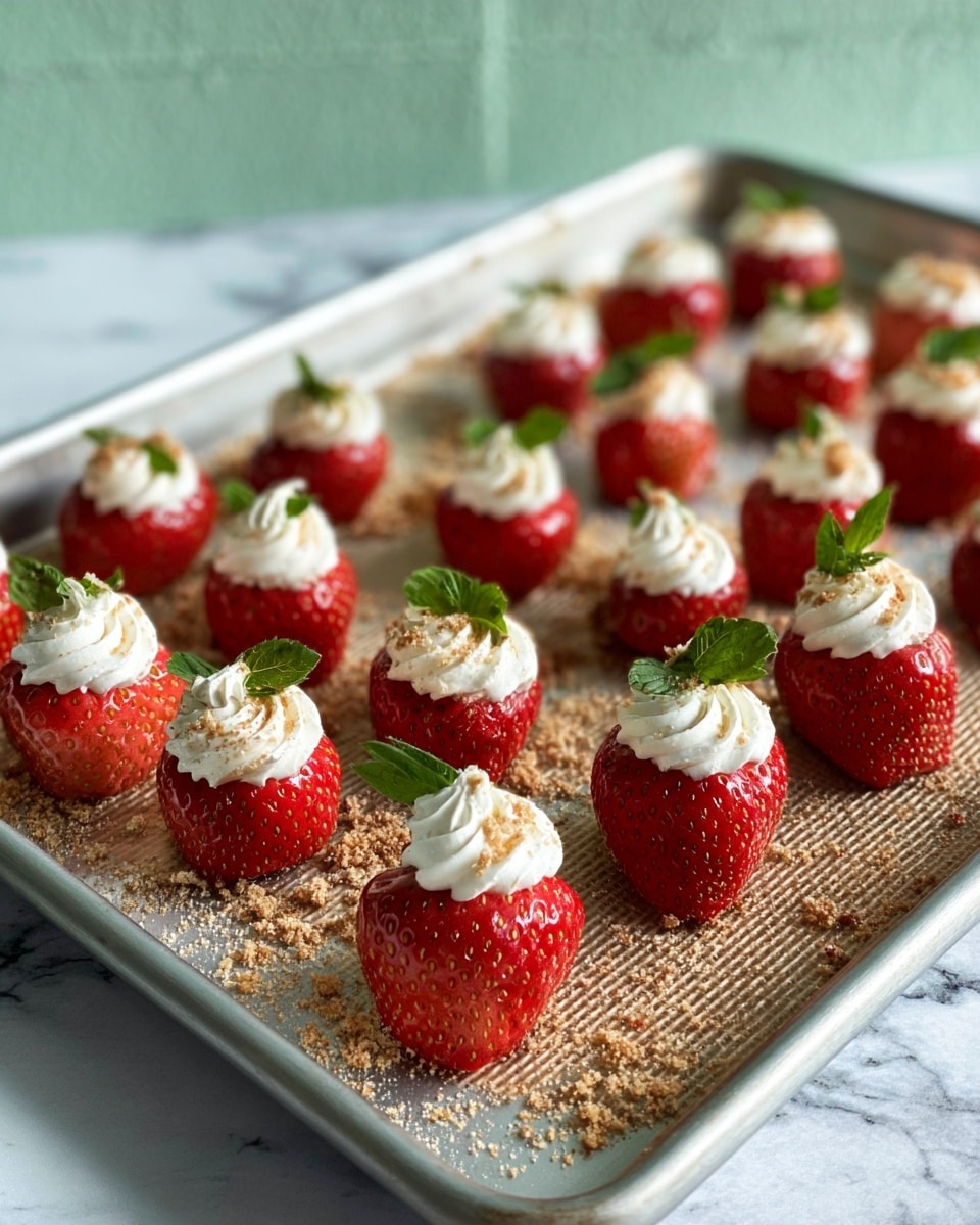 The image shows a metal tray filled with rows of halved red strawberries, each topped with a small swirl of white cream in the center. The strawberries sit on a brown textured mat on the tray, which is sprinkled with fine light brown crumbs around the strawberries. Small green leaves attached to the strawberries add a fresh touch, and the tray rests on a white marbled surface with a pale green wall in the background. photo taken with an iphone --ar 4:5 --v 7