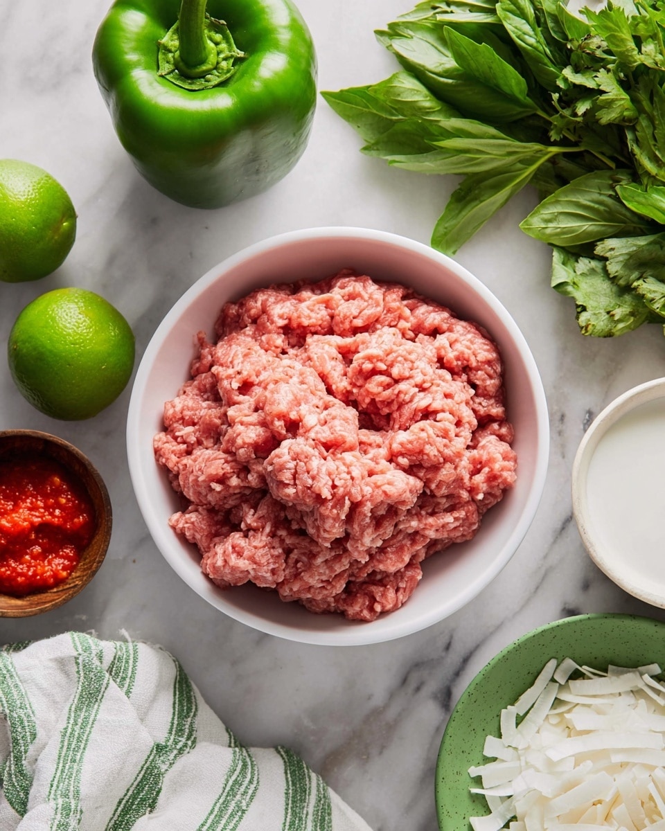 In the image, there is a white bowl filled with ground meat showing a rough, soft texture and a pinkish color, placed in the center on a white marbled surface. Around this bowl, several fresh ingredients are arranged: a whole green bell pepper with shiny, smooth skin, two bright green limes with a slightly bumpy texture, and a bunch of fresh green herbs with crinkled leaves on the right side. A small white bowl with a white creamy liquid is at the bottom right corner. There is a small green dish holding shredded white coconut, set next to some large basil leaves. A small brown bowl holds bright red paste with a grainy texture, near a partially peeled light yellow onion. A white and green striped cloth is partially visible in the bottom left corner. Photo taken with an iphone --ar 4:5 --v 7