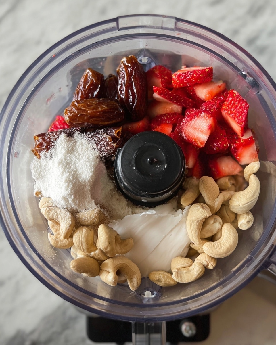 A clear food processor bowl with a black central blade holds several colorful layers of ingredients arranged closely together. The bottom layer consists of pale cashew nuts providing a light creamy color and smooth texture. On top of the nuts, there is a small amount of white powder sprinkled lightly. Next, on one side, there are shiny brown dates clustered together, while opposite them are bright red, sliced strawberries showing their juicy interior. Near the dates and strawberries is a dollop of white solid coconut oil. The mix inside the bowl contrasts with the clear bowl and black blade, all set against a white marbled surface. photo taken with an iphone --ar 4:5 --v 7