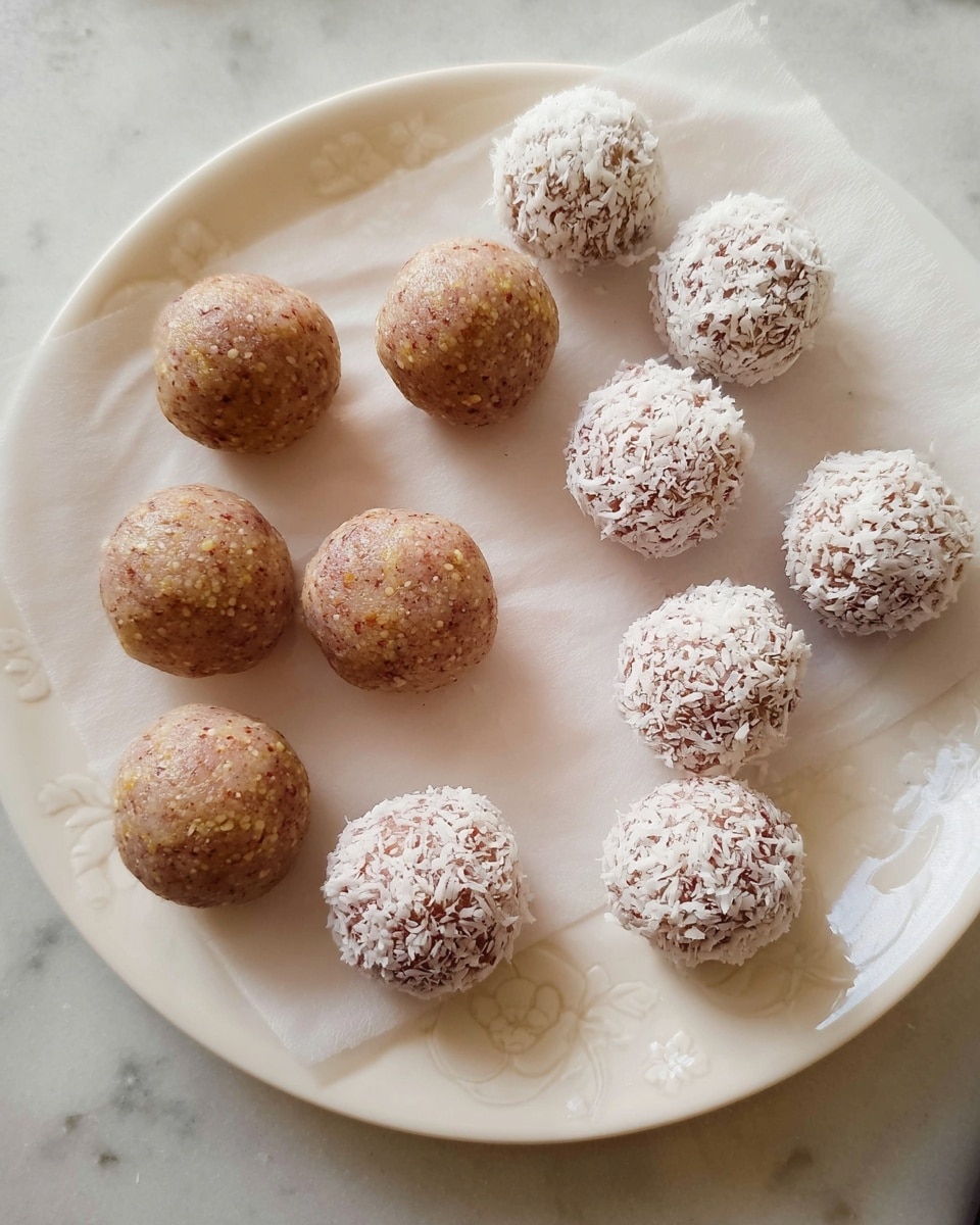 The image shows a white plate with light floral patterns holding eleven round balls arranged loosely in two rows on a sheet of white parchment paper. Six balls are plain with a rough, brownish texture and small visible bits inside, while five balls are coated in white shredded coconut, giving them a textured and fluffy look. The plate is placed on a white marbled surface, giving a clean and simple background. photo taken with an iphone --ar 4:5 --v 7