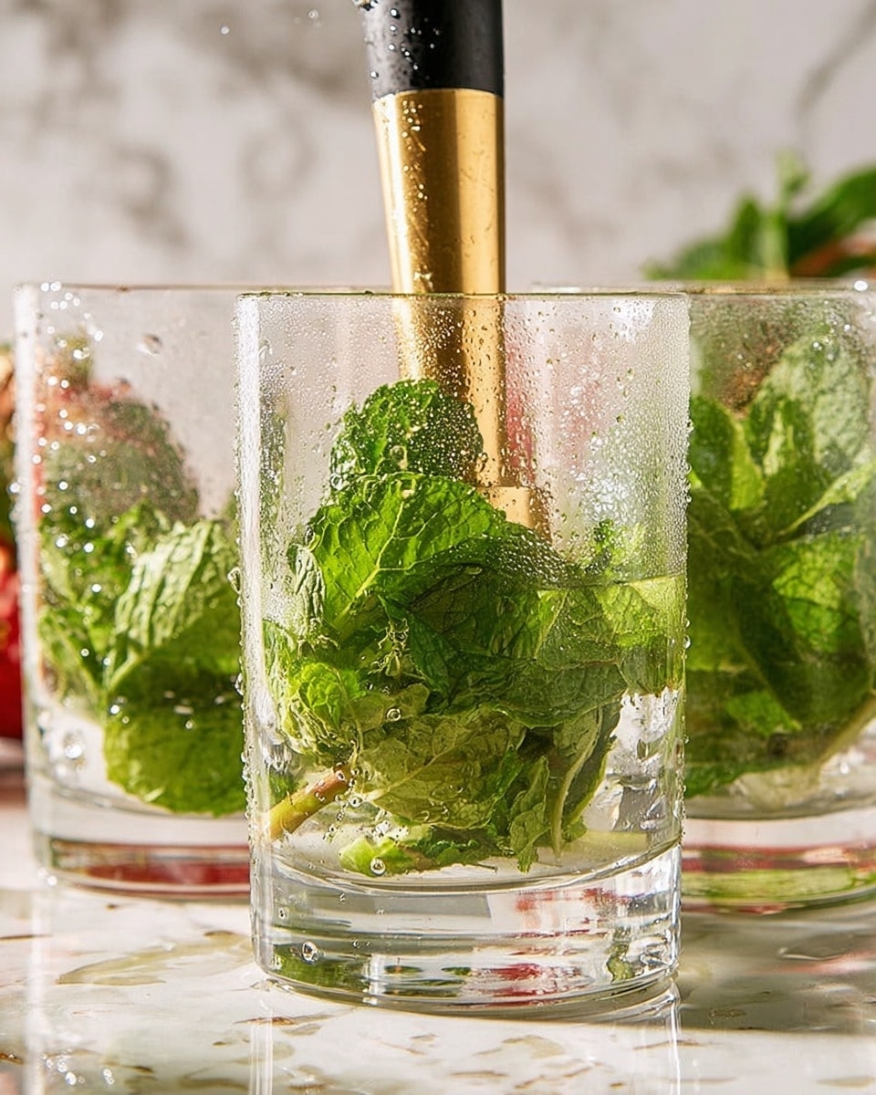 In the image, there are three clear glass cups, each with bright green mint leaves at the bottom, showing a fresh texture and slightly torn edges. A gold and black muddler is placed inside the middle glass, pressing down on the mint leaves, which are slightly crushed and moist with water droplets. The glasses have water droplets on their outer surfaces, reflecting light and adding a fresh, cool feeling. The background and surface feature a clean white marbled texture, giving a bright and elegant look. Photo taken with an iphone --ar 4:5 --v 7
