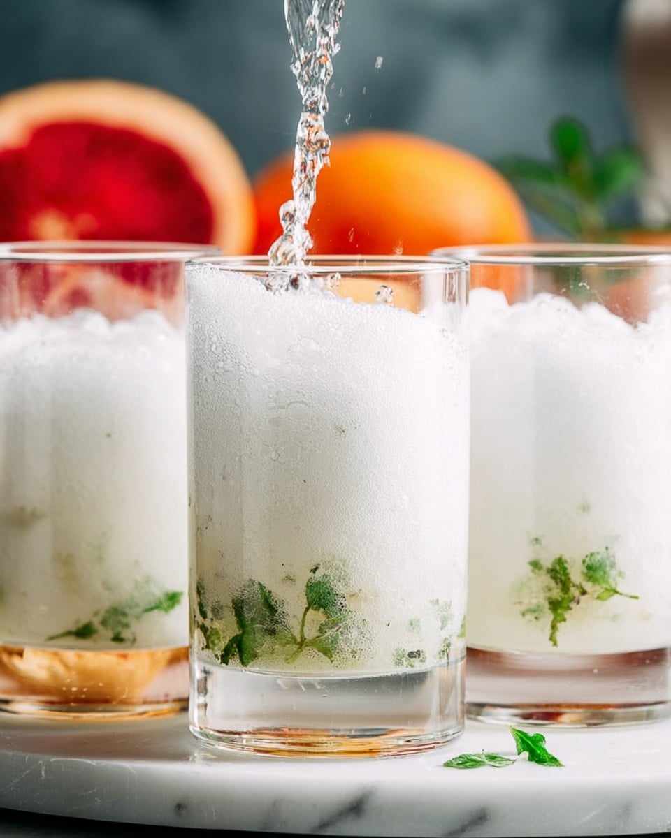 The image shows three clear glasses filled with white frothy liquid, each glass containing some small green leaves at the bottom layer, adding slight color contrast. The middle glass is being filled with the liquid, causing bubbles and foam to rise and spread across the top layer, while the two glasses on either side already display the foam-rich white liquid. The background is blurred but includes an orange slice and red fruit behind the glasses, placed on a white marbled surface. The setting feels fresh and bright. photo taken with an iphone --ar 4:5 --v 7