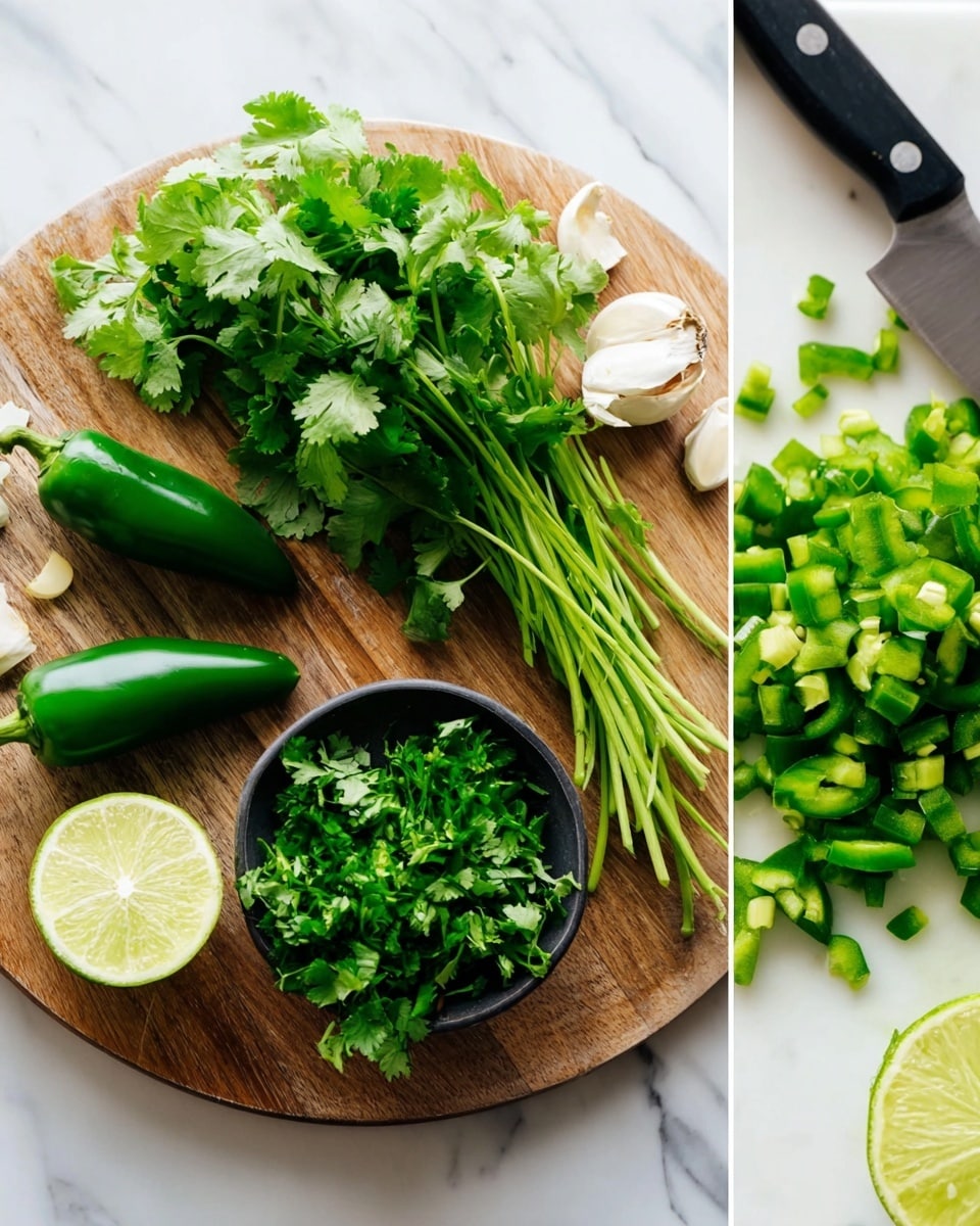 The image shows fresh ingredients arranged on a round wooden board placed on a white marbled surface. On the board, there is a bunch of green cilantro with its thin stems spread out, two whole green jalapeño peppers, and a lime cut in half showing its juicy inner texture. Two garlic cloves are also on the board near the cilantro. To the right, a close-up view shows chopped green jalapeño pieces on a white marbled surface next to a black-handled knife. A small black bowl filled with fresh cilantro leaves is placed in the middle, with leaves spilling over its edges. The colors are bright and fresh, highlighting vibrant green and white tones. Photo taken with an iphone --ar 4:5 --v 7