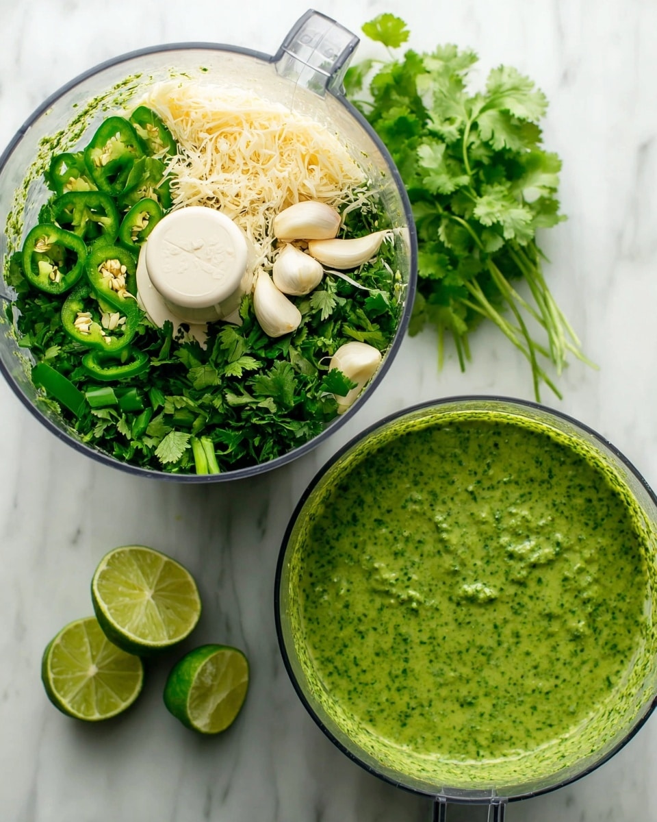 A clear food processor bowl filled with a mix of fresh bright green cilantro leaves, chopped light green jalapeño slices, pale yellow grated cheese, and whole garlic cloves on top, all resting on a white marbled surface. Next to it, the same food processor bowl shows a smooth, thick green sauce with small bits of herbs mixed in, with a sliced lime half and cilantro leaves arranged beside the bowl, also on the white marbled surface, photo taken with an iphone --ar 4:5 --v 7