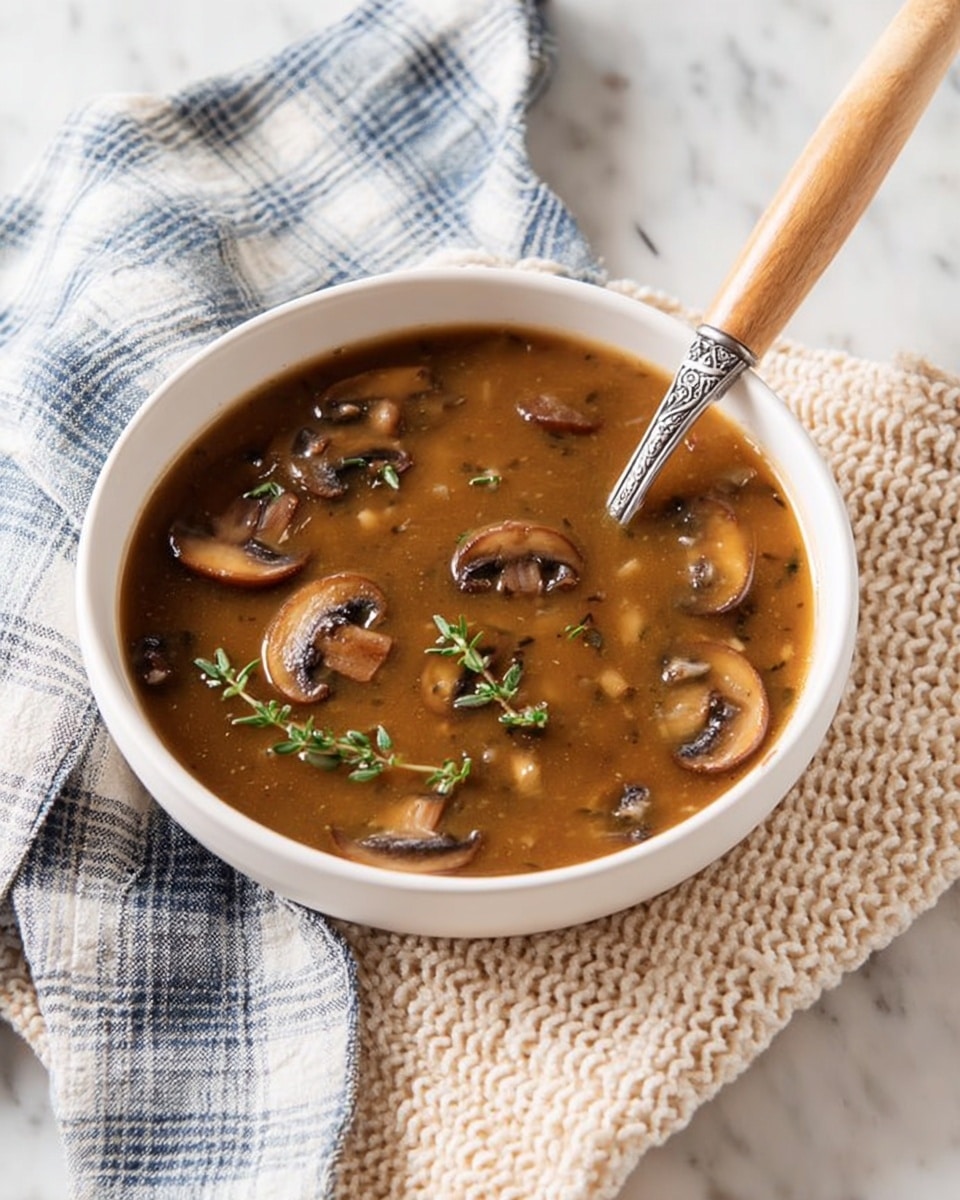 A white bowl filled with rich brown mushroom soup, featuring visible sliced mushrooms floating in the thick broth. Small green herb sprigs sit on top as garnish. A silver spoon with an intricate handle is partially submerged in the soup, resting inside the bowl. The bowl has a light wooden handle and sits on a beige knitted cloth with a blue and white checkered napkin draped nearby, all set on a white marbled surface. photo taken with an iphone --ar 4:5 --v 7