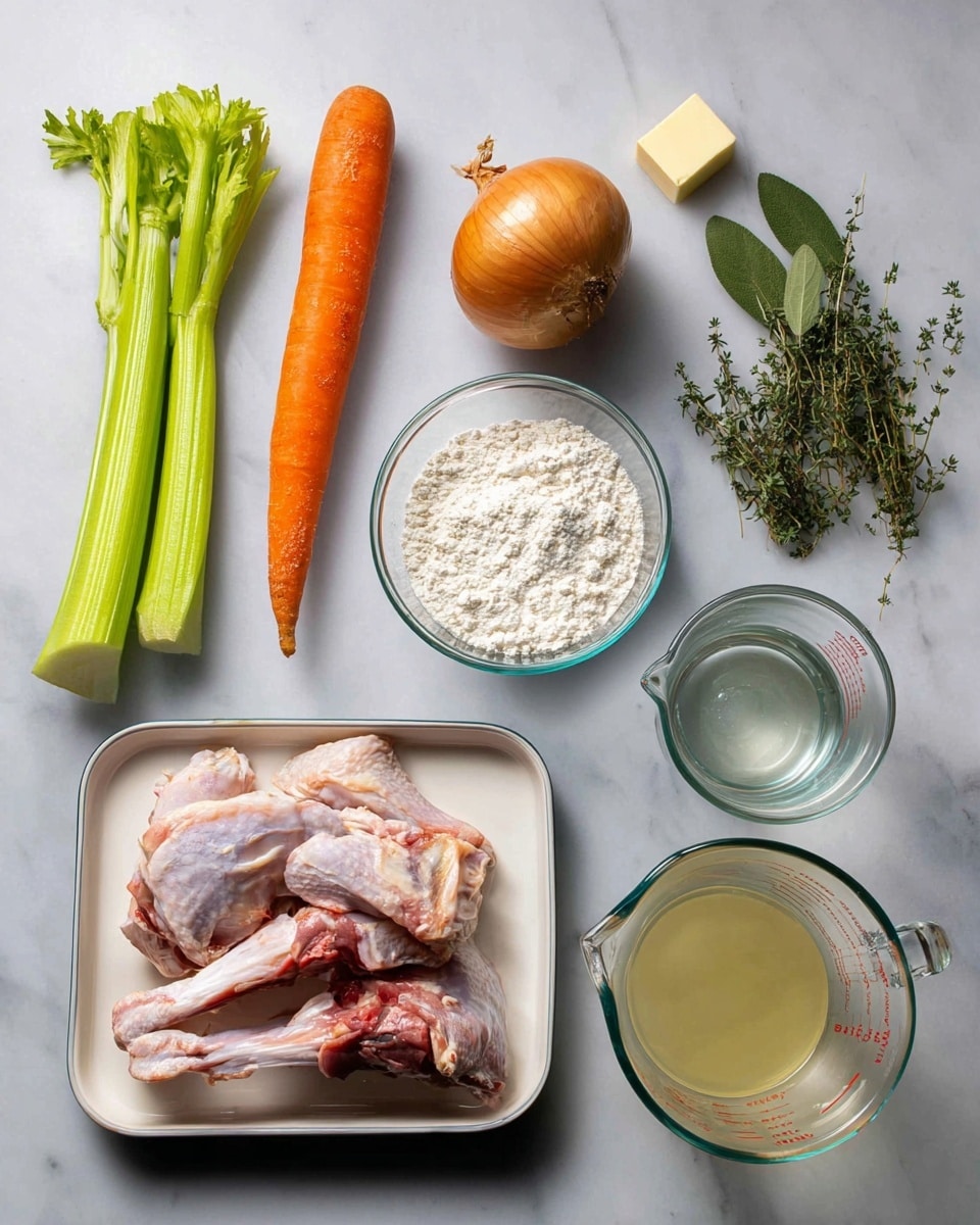 The image shows ingredients arranged neatly on a white marbled surface. On the left, two green celery stalks lie side by side next to a bright orange carrot and a round golden-brown onion. In the middle, there is a small glass bowl filled with white flour. To its right, fresh green herbs including thyme and sage rest beside a small square of butter. Below these, two clear glass measuring cups sit side by side; the smaller one contains a light yellow liquid, and the larger one is filled with water. At the bottom left, pieces of raw poultry with pale pink skin and some red bone parts are placed on a white tray. The setup is clean and well organized, emphasizing the fresh ingredients photo taken with an iphone --ar 4:5 --v 7