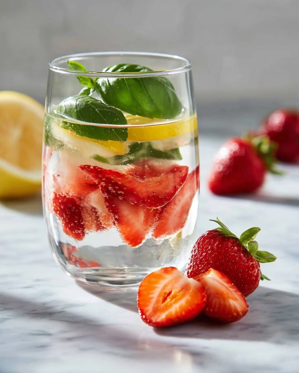 A clear glass filled with water contains three visible layers: bright red sliced strawberries at the bottom, followed by a thin yellow lemon slice in the middle, and fresh green basil leaves floating on top. Outside the glass, on a white marbled surface, are one whole red strawberry with a green stem and two strawberry halves showing their juicy, orange-red interiors. The background is softly blurred, emphasizing the fresh and colorful drink. Photo taken with an iphone --ar 4:5 --v 7