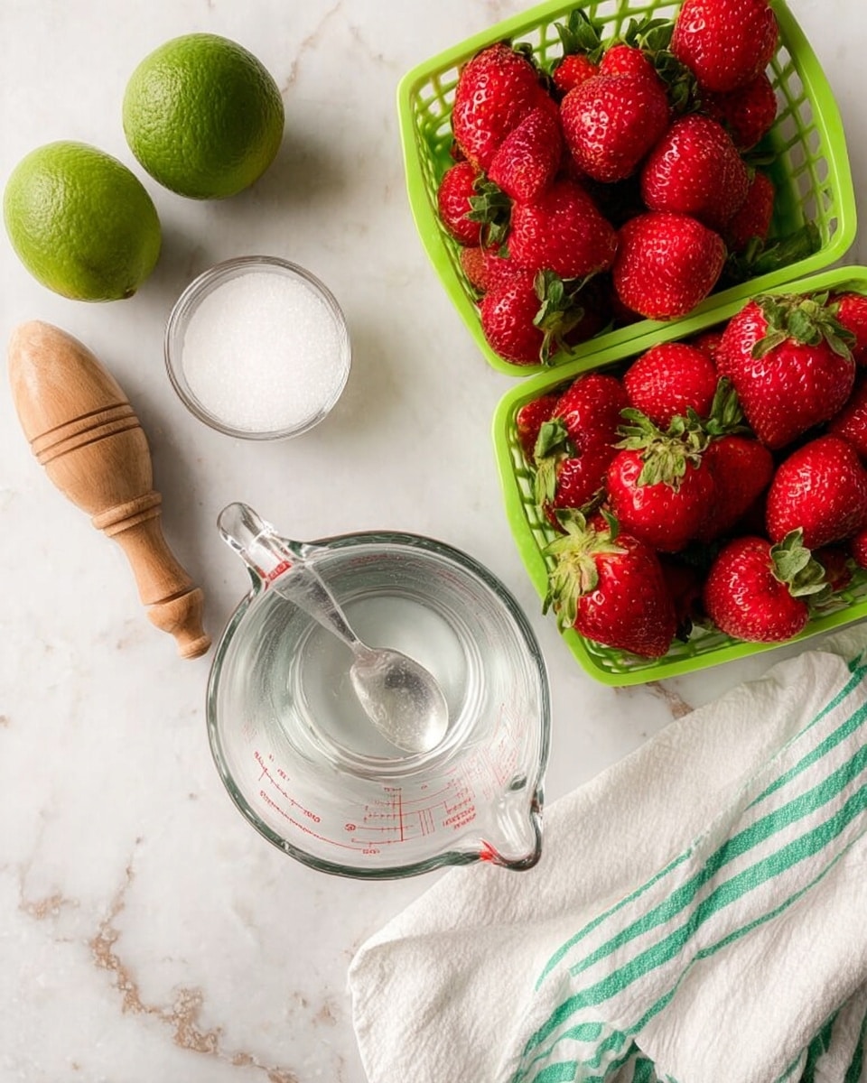 The image shows a top view of a white marbled surface with fresh strawberries in green baskets on the right side, bright red and juicy with green leaves. Two whole green limes sit on the left, with a wooden lime juicer below them. Above the limes, there is a glass cup filled halfway with white sugar and a metal spoon sticking out. In the center rests a clear glass measuring cup with no liquid inside. At the bottom right corner, a white cloth with green stripes is partly visible. The scene is well lit and clear with bright natural light, photo taken with an iphone --ar 4:5 --v 7
