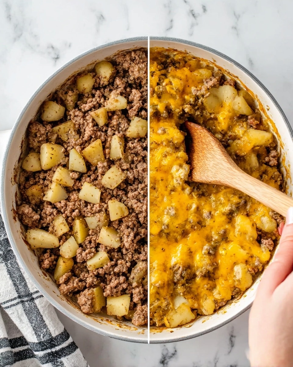 The image shows a white round pan filled with two different versions of a dish side by side. The left half contains cooked ground beef mixed with small pieces of yellowish potatoes, with a crumbly texture and brown color with some golden spots. The right half has the same mixture, but with melted yellow cheese covering the meat and potatoes, creating a soft, gooey layer on top. A wooden spoon is stirring the cheesy side from the upper right corner, held by a woman's hand. The background is a white marbled surface with part of a black and white striped cloth visible at the bottom left. Photo taken with an iphone --ar 4:5 --v 7