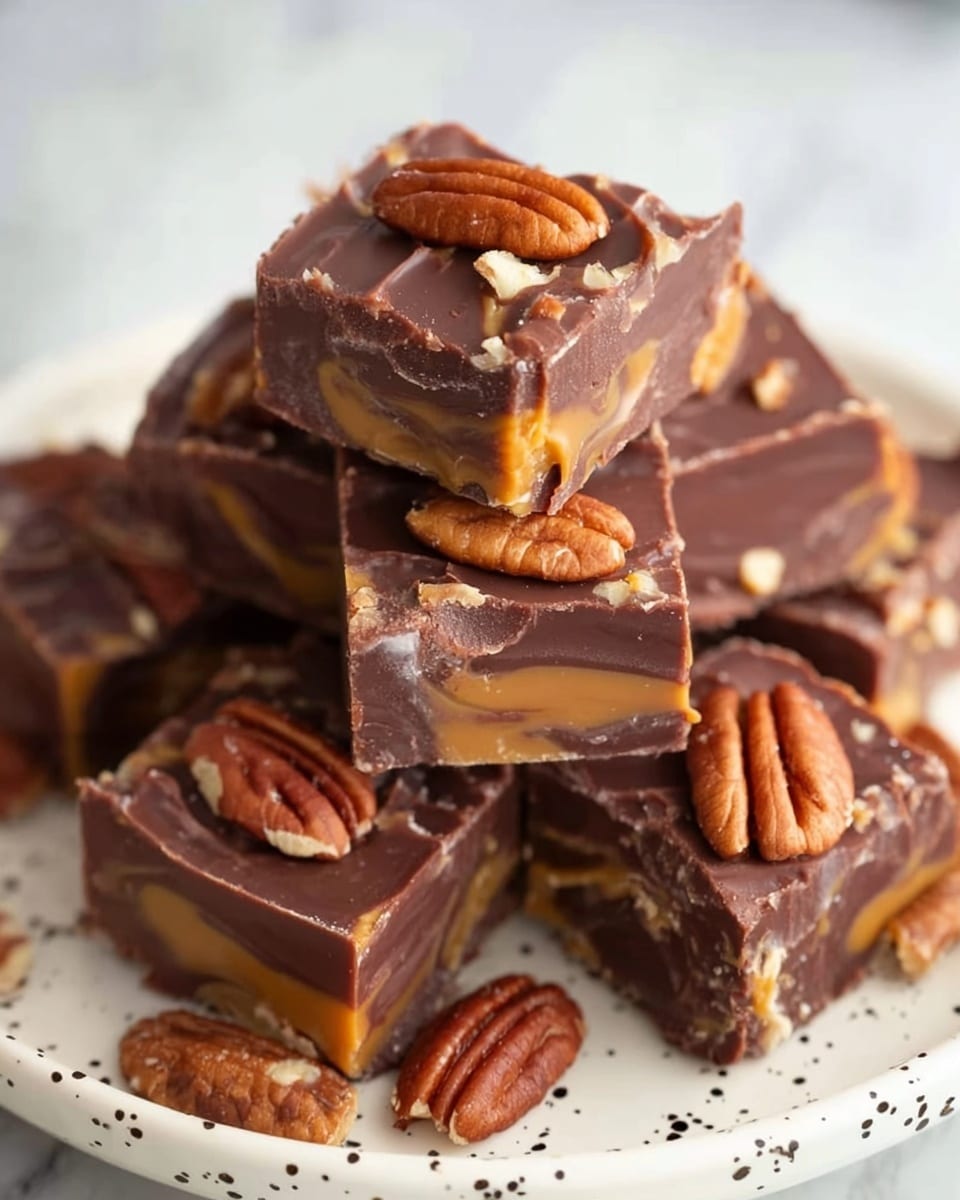 The image shows a stack of square chocolate fudge pieces on a white plate with small black speckles. Each fudge piece has visible layers of smooth, dark chocolate with light brown swirls of caramel inside. On top of every piece sits a whole pecan nut, adding a rough texture and earthy brown color contrast to the glossy chocolate. The fudge edges are slightly rough with bits of caramel oozing out, showing a thick and rich texture. The plate rests on a white marbled surface. Photo taken with an iphone --ar 4:5 --v 7