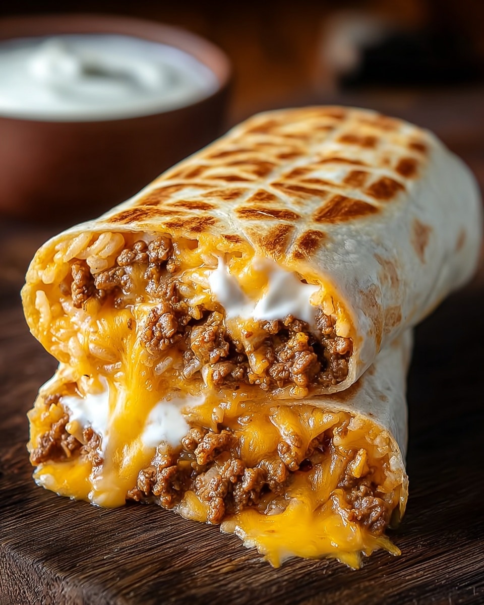 A close-up view of a burrito cut open on one side, showing three visible layers inside: the bottom layer is soft brown rice mixed with seasoned ground beef, the middle layer is bright orange melted cheese oozing out, and the top layer is a dollop of white sour cream. The outside is a warm, lightly browned tortilla with a melted orange cheese lattice pattern on top. It sits on a dark wooden surface with a blurred bowl of white sauce in the background. photo taken with an iphone --ar 4:5 --v 7