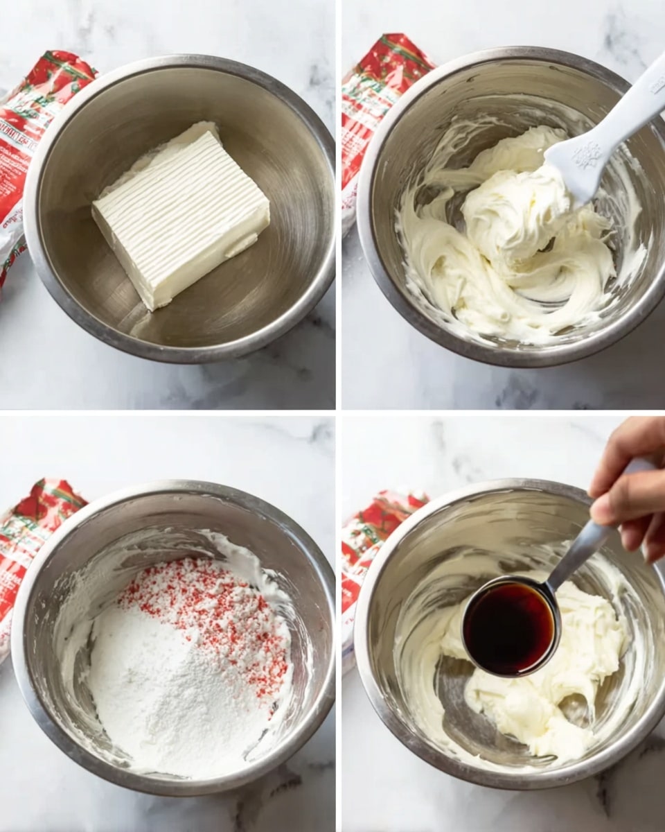 The image shows a sequence of four photos on a white marbled surface, each focusing on mixing ingredients in a shiny metal bowl. The first photo features a single rectangular block of white cream cheese. The second photo shows the cream cheese partly mashed with a white rubber spatula, giving a soft, smooth texture. The third photo adds white powdered sugar with red and green stripes visible on the packet near the bowl, and the spatula mixing the powder in. The fourth photo shows a woman's hand holding a measuring spoon filled with dark vanilla extract, about to add it to the creamy mixture in the bowl. Photo taken with an iphone --ar 4:5 --v 7